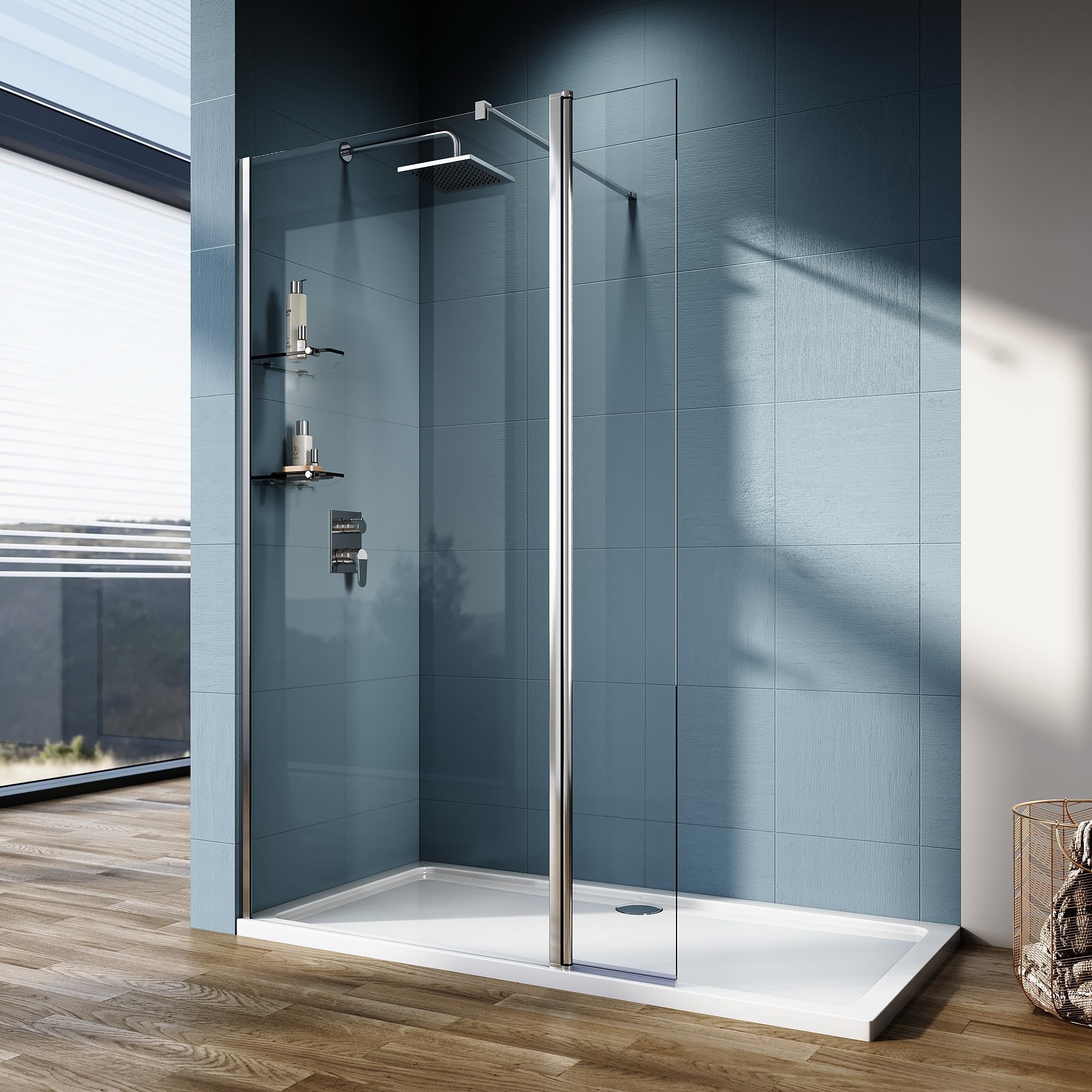 ELEGANT 800 Walk in Shower Enclosure 6mm Tempered Safety Glass with 300mm Flipper Panel, Shower Cubicles Wet Room Shower Screen Bath Screen with Two 8mm Glass Shelves