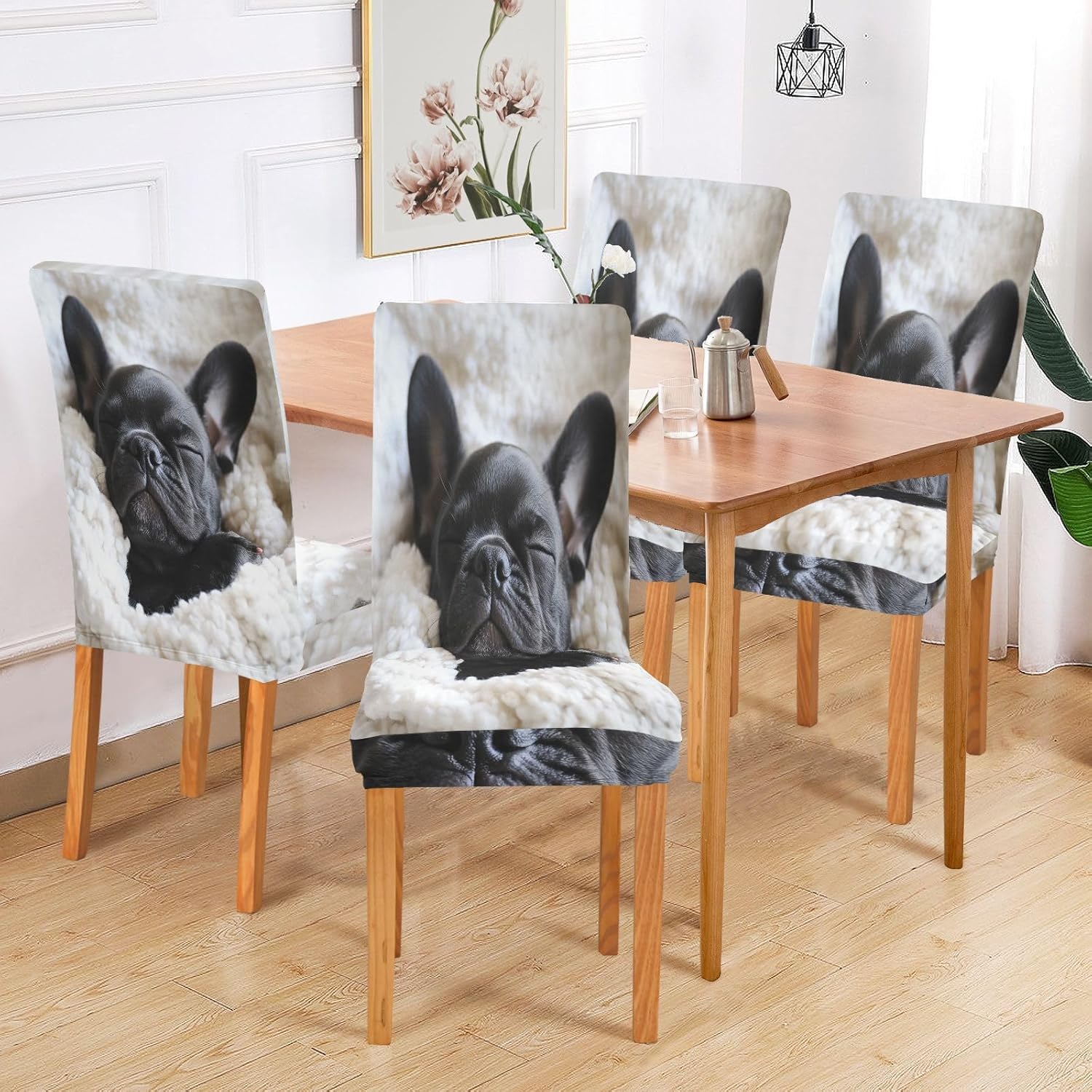 ALAZA Chair Covers for Dining Room, French Bulldog Cute Puppy Sleeping in Blanket Stretch Chair Cover Sets Chair Protector Removable Washable for Ktichen Restaurant Hotel