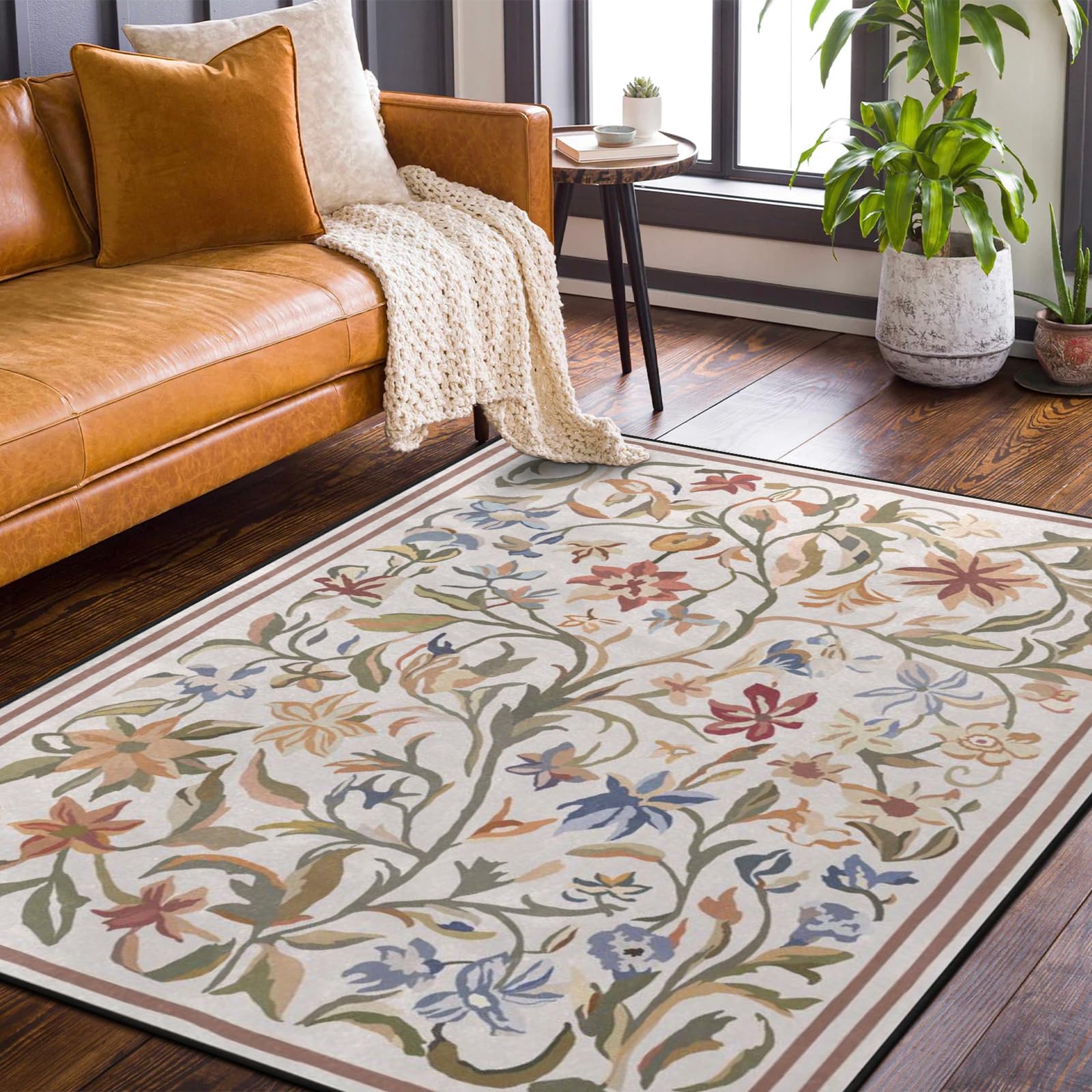 Amorettise Abstract Floral Rug- 7' x 5' Beige French Country Design Carpet for Girls Bedroom Non-Slip Washable Floor Mats Ideal for Living Room, Dorm,