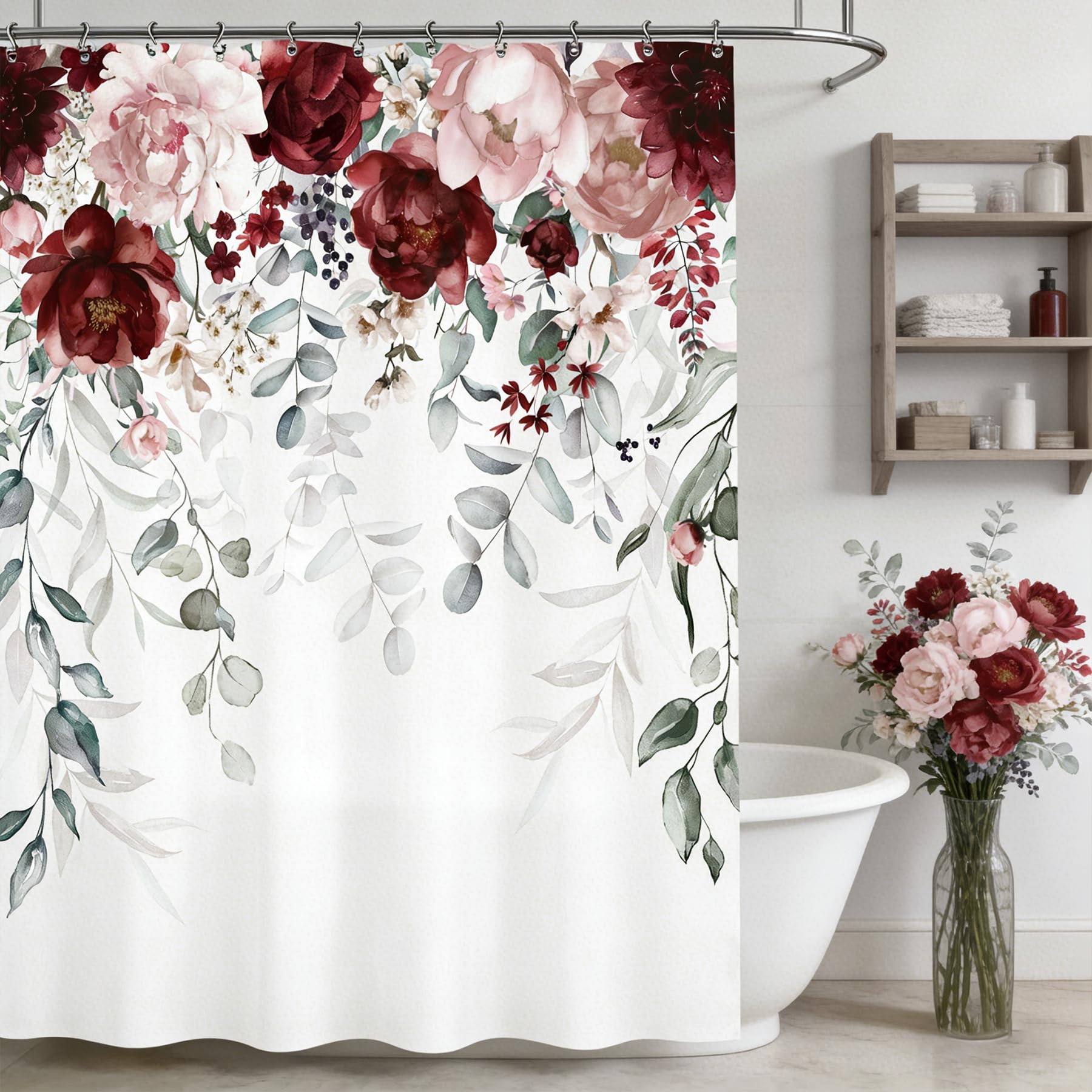 Yookeb Eucalyptus Leaves Burgundy Flower Bathroom Shower Curtain 60W by 71H Inch Sage Green Farmhouse Floral Watercolor Plant Botanical Accessory