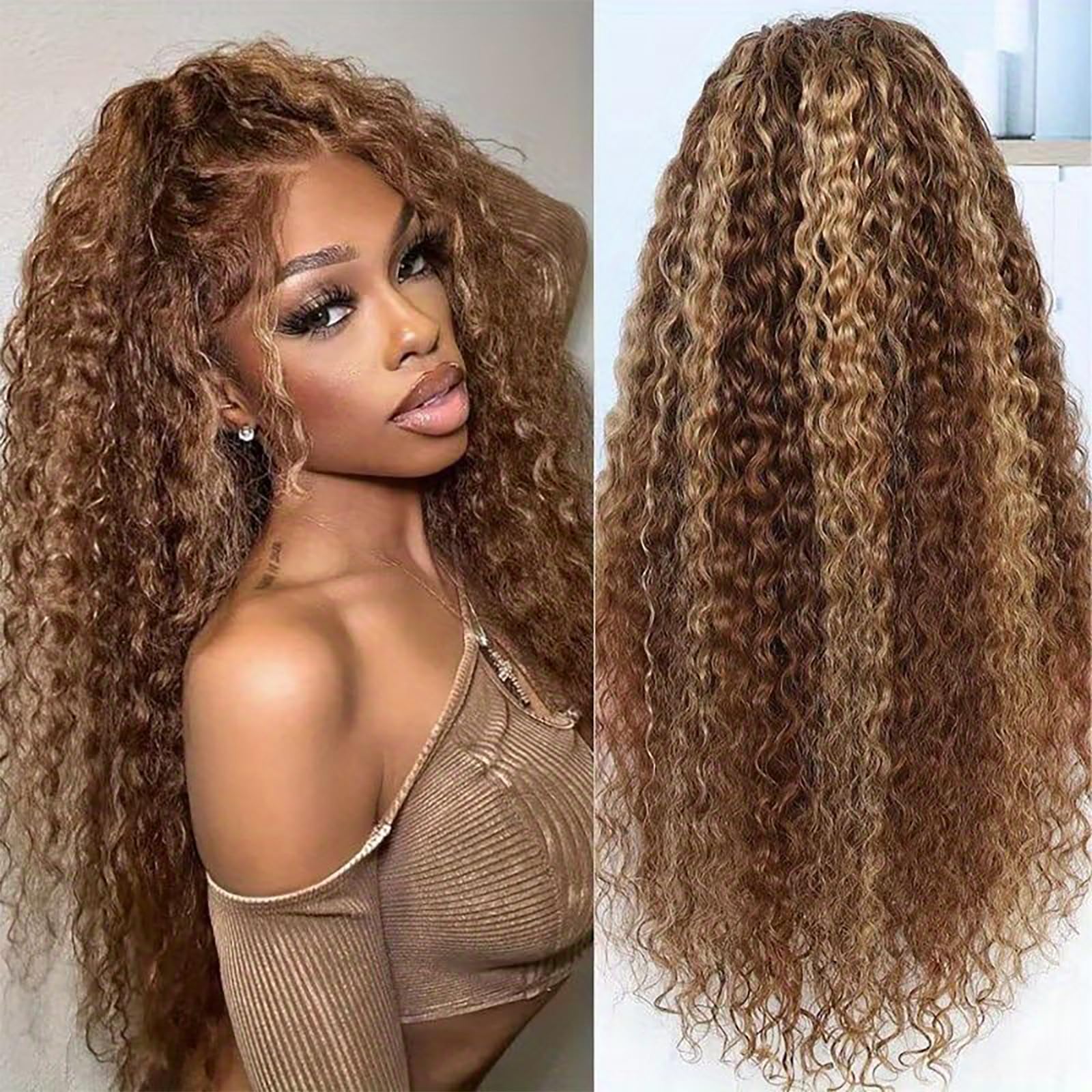 Long 28 Inch Espresso & Honey Caramel Highlighted Wavy Wig Envy Wigs | Jordan Synthetic Wig by Envy main image 2