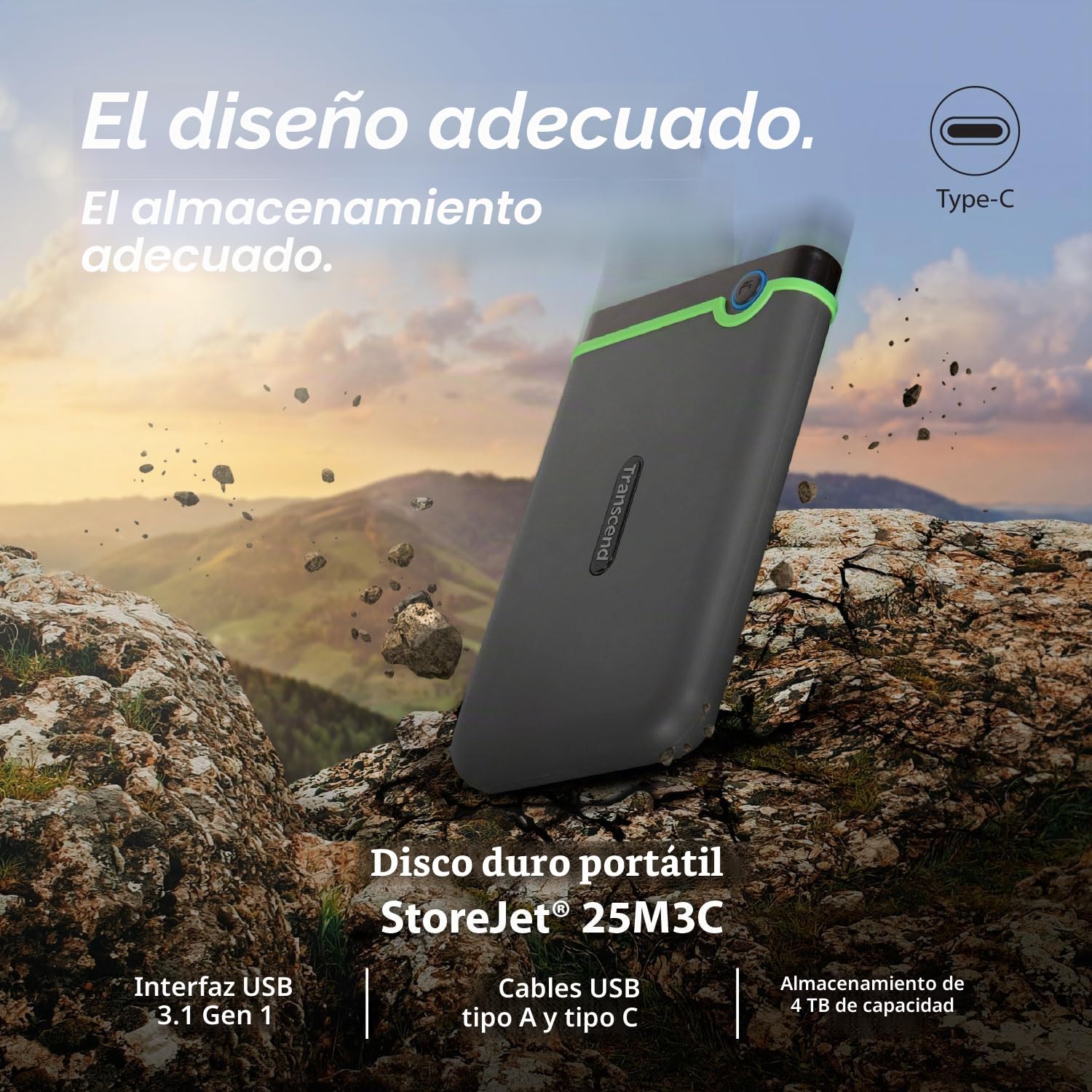 Transcend 2TB StoreJet 25M3C Disco Duro Externo Rugged de 2.5” USB Tipo-C Interfaz USB 3.1 Gen 1 Gris Hierro TS2TSJ25M3C