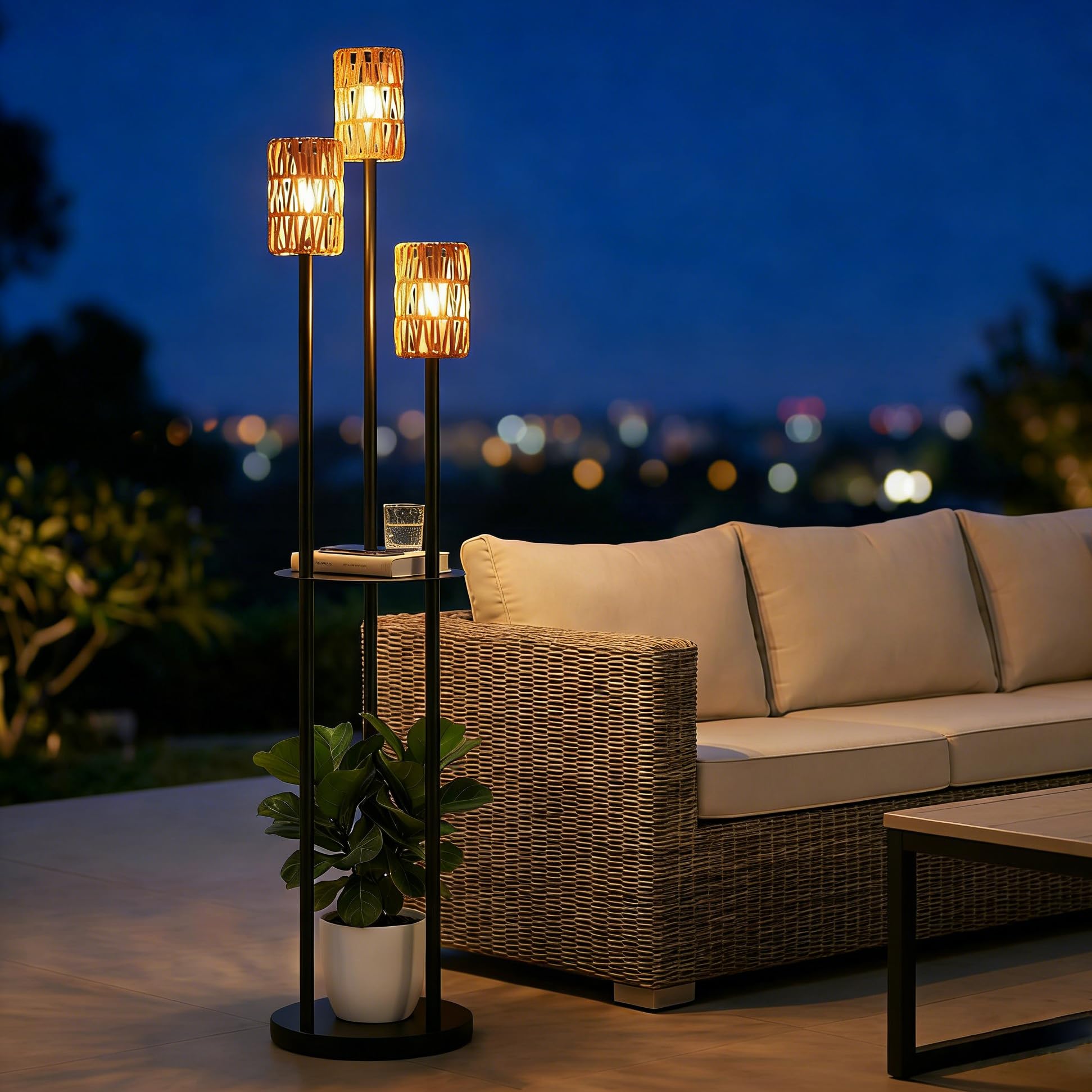 Photo 1 of Stepeak Solar Outdoor Floor Lamp Waterproof, Cordless Outdoor Lamps for Patio with Shelves Plant Stand, Rattan Solar Lamp for Outside, Wireless Outdoor Light for Yard Garden Deck Porch Decor