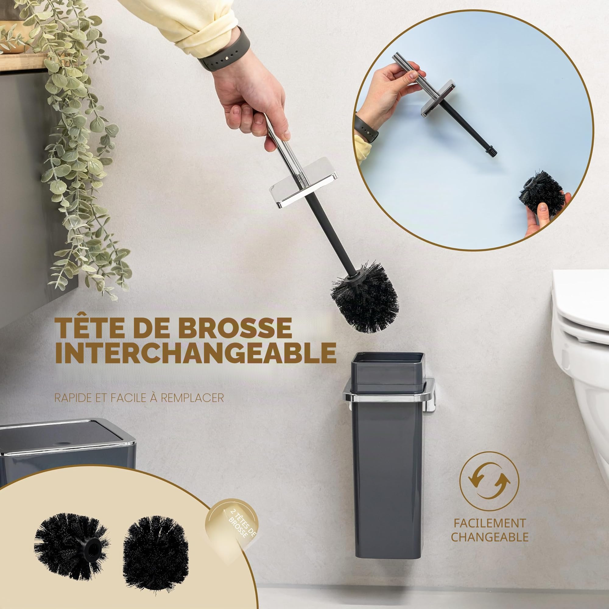 bremermann Savona Ensemble de Salle de Bain 2 pièces avec Poubelle de Salle de Bain 6 l et Brosse WC avec Support Mural carré (Plastique-Gris)