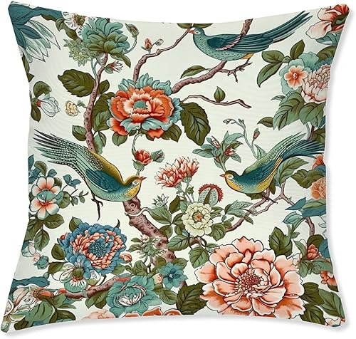 WoGuangis Juego de 2 fundas de almohada impermeables con diseño de pájaro en peonía y árbol de peonía, diseño de flores de coral, para exteriores,