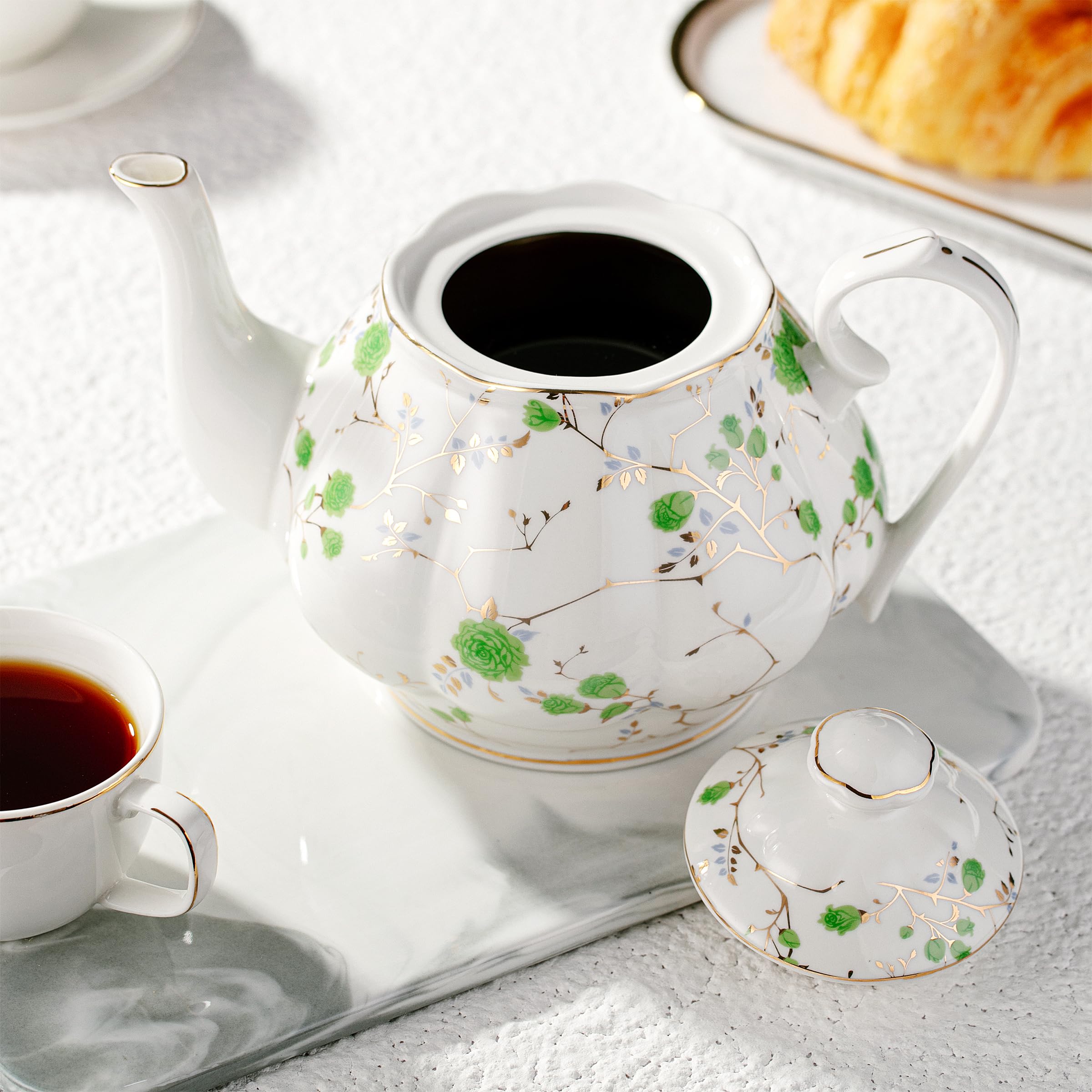 Amazon.com | BTaT- Floral Tea Pot, 38 oz, White with Green