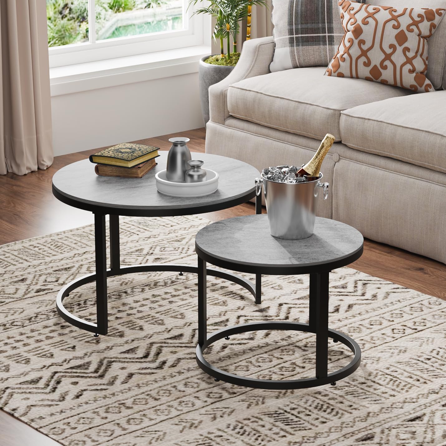 Modern Nesting Glass Coffee Table Set of 2, Round Tempered Glass Coffee Table for Living Room & Bedroom, Space-Saving Design with Adjustable Feet (Large Size + Gold Frame)