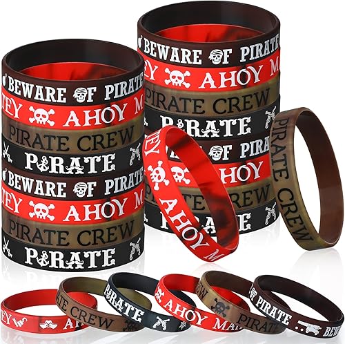Capoda 24 pulseras de silicona pirata Ahoy Matey Caribbean pulseras de goma calavera, barco pirata, recuerdos de fiesta para niñas y niños,