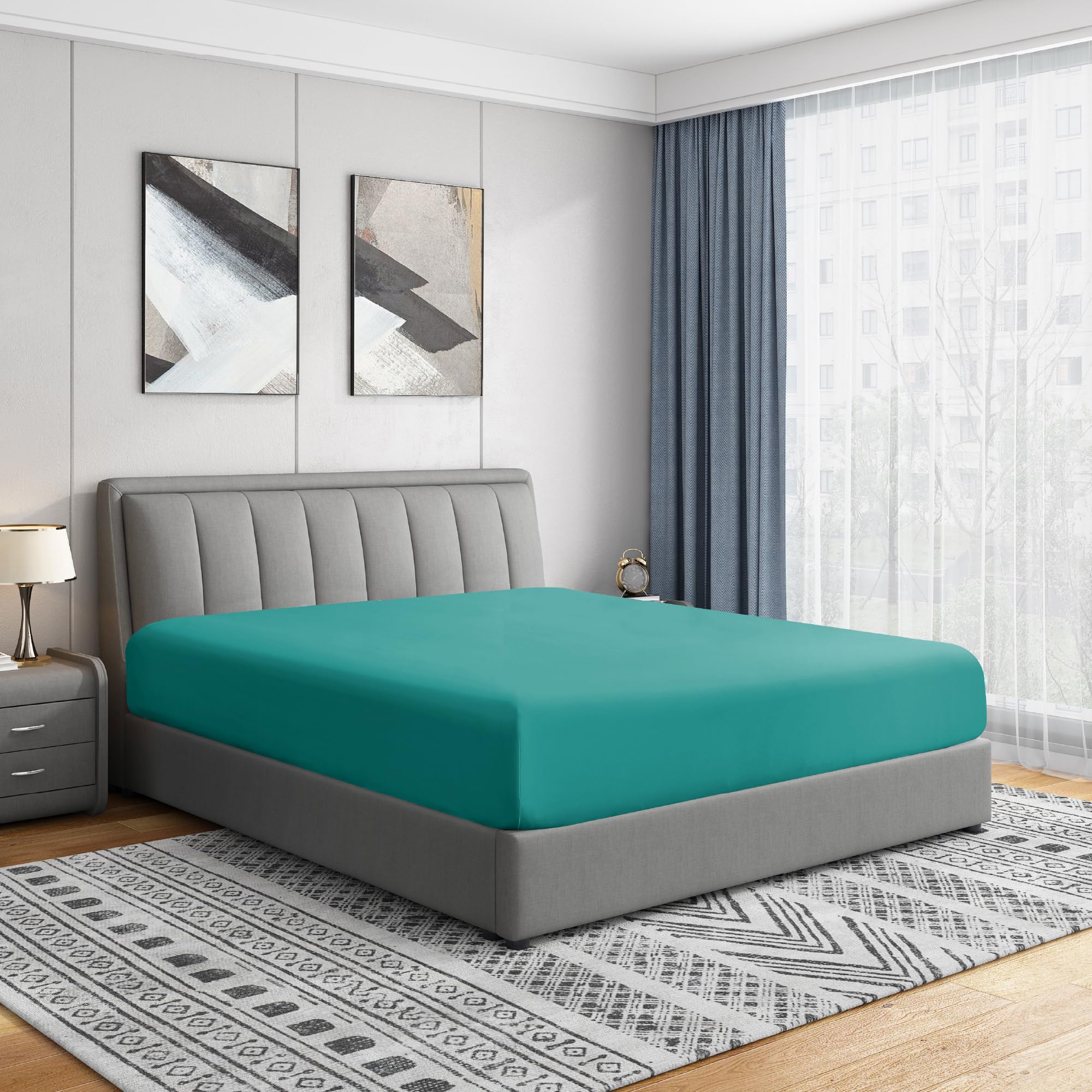 Cathay Home Luxury Wrinkle and Fade Resistant Double Brushed Ultra Soft Microfiber 14-Inch Standard Pocket Single Fitted Sheet, Larkspur Blue, Full
