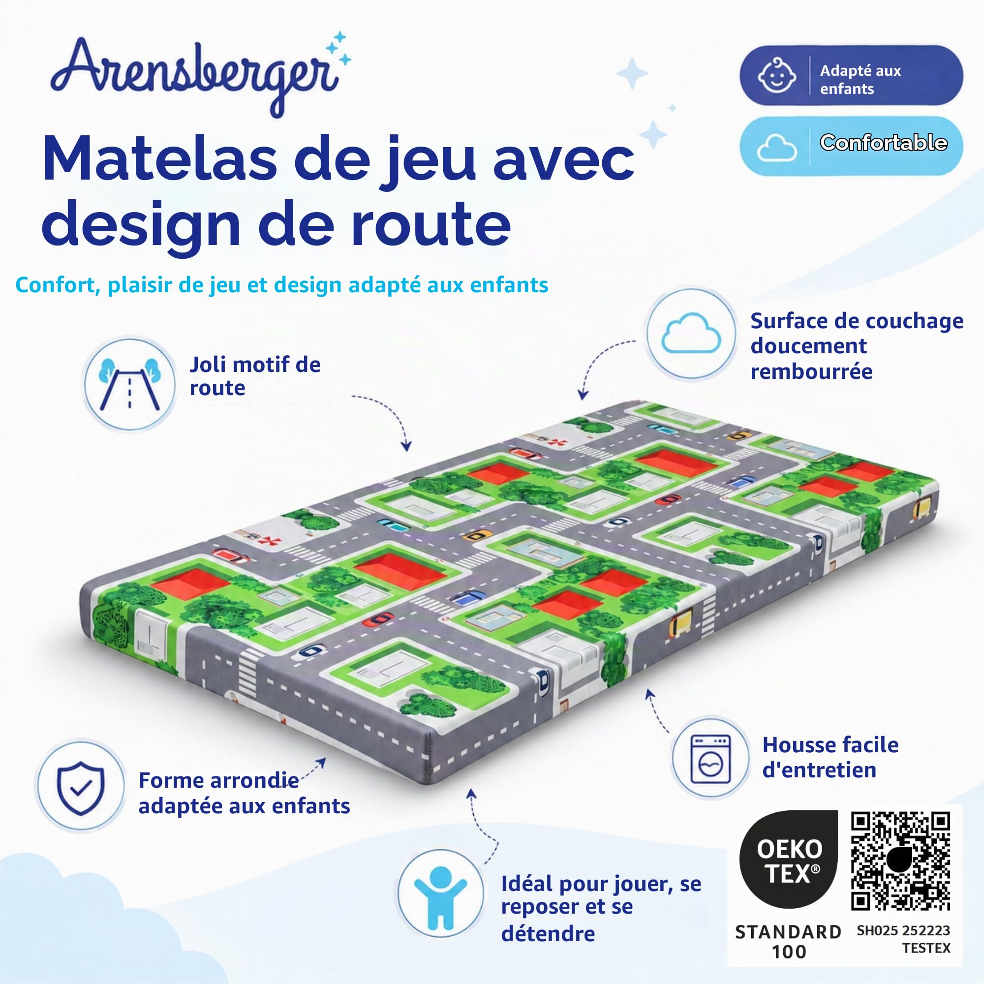 Arensberger Matelas de voyage pour enfant - 60 x 120 cm - 6 cm d'épaisseur - Matelas pliable pour bébé et enfant avec motif urbain - Mousse gel Nanocell avec housse amovible et sac de transport