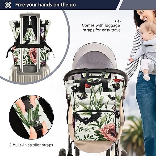 Miniatura 4 de Floral Bat Pattern Diaper Bag Backpack, Multi-Pocket Nylon Tote with Easy Access Compartments, 11x15x39cm Mommy Bag for Baby Care, Travel and