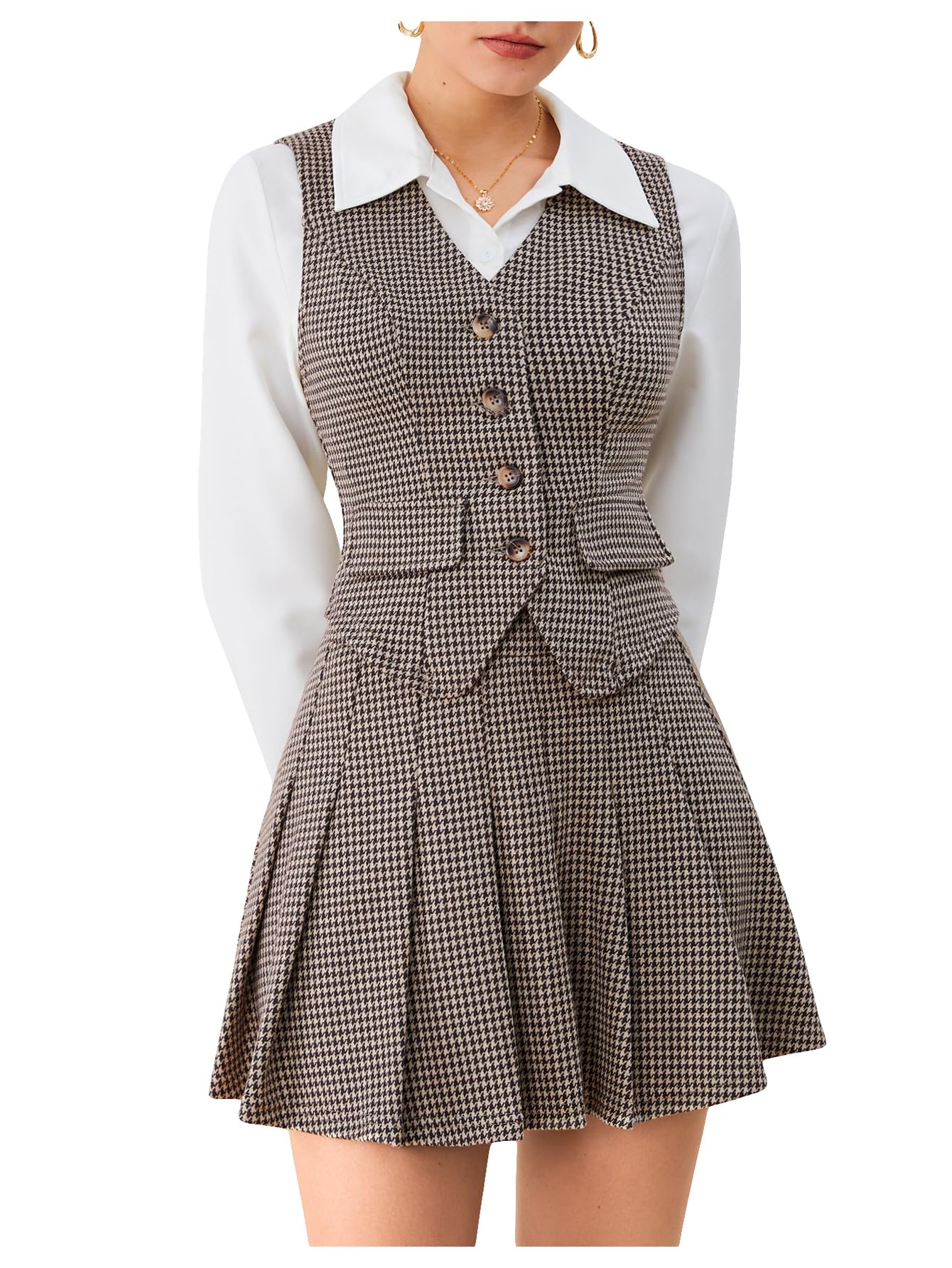 Milumia Womens Plaid Skirt Sets 2 Piece Outfits Blazer Vest Top and Pleated Mini Skirt Suit