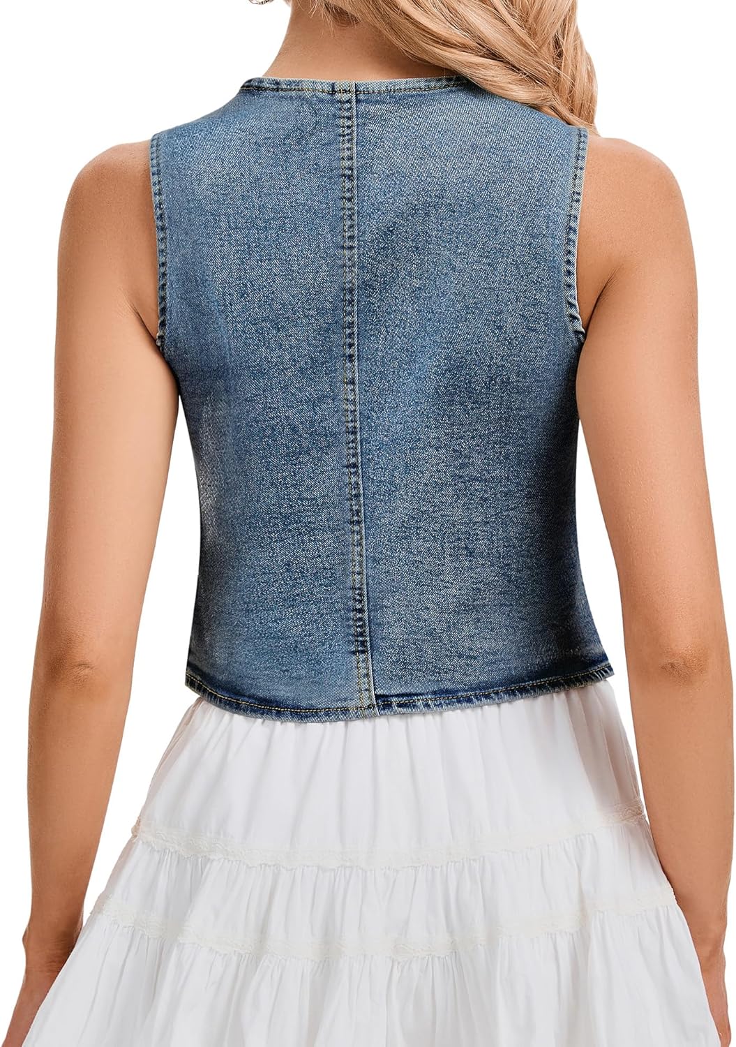 Genhoo Denim Vest Sleeveless Jean Vest Top for Women V Neck Button Down Cropped Denim Top with Pockets - Image 5
