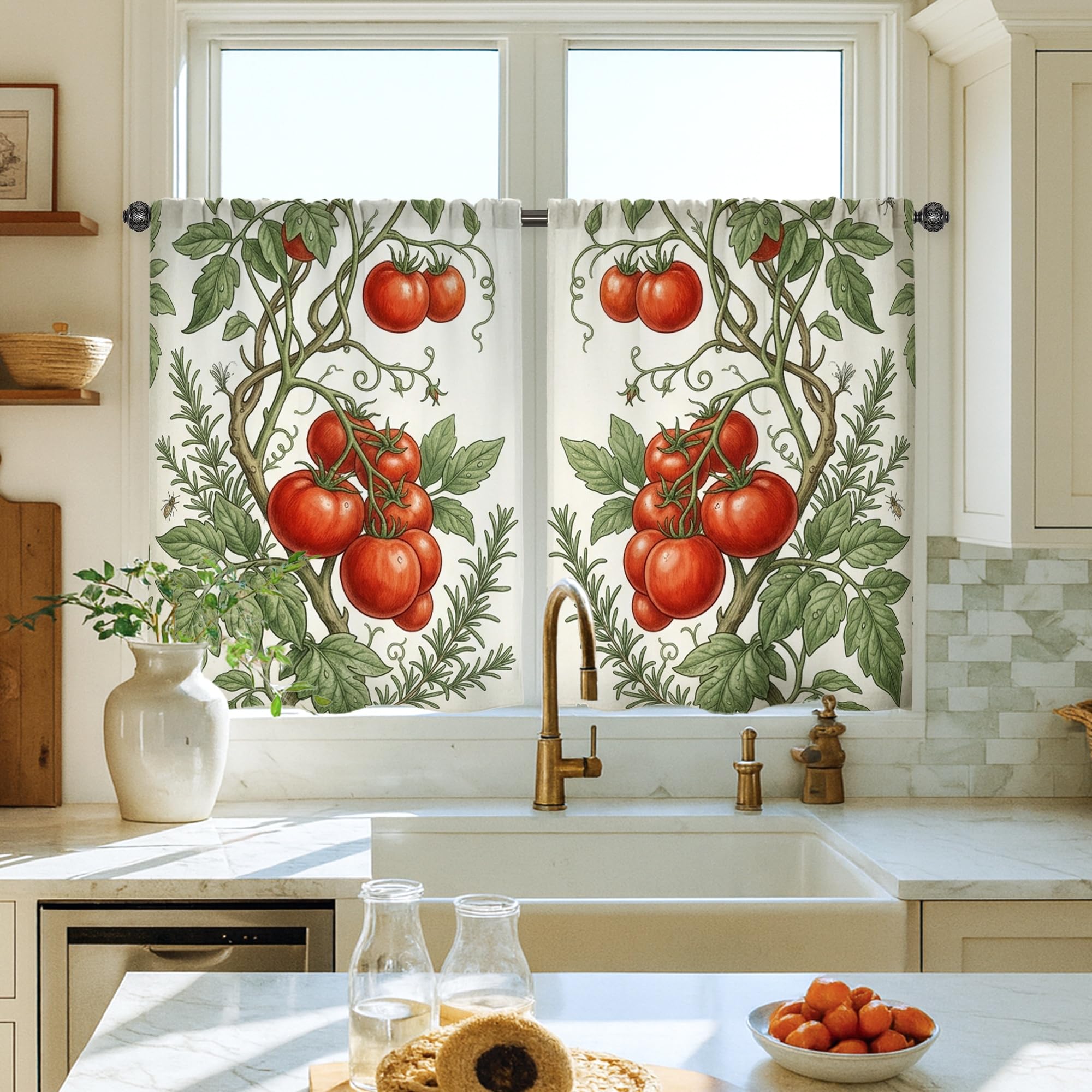 Rideaux rustiques pour cuisine motif feuilles de vigne et tomates 71x99cm