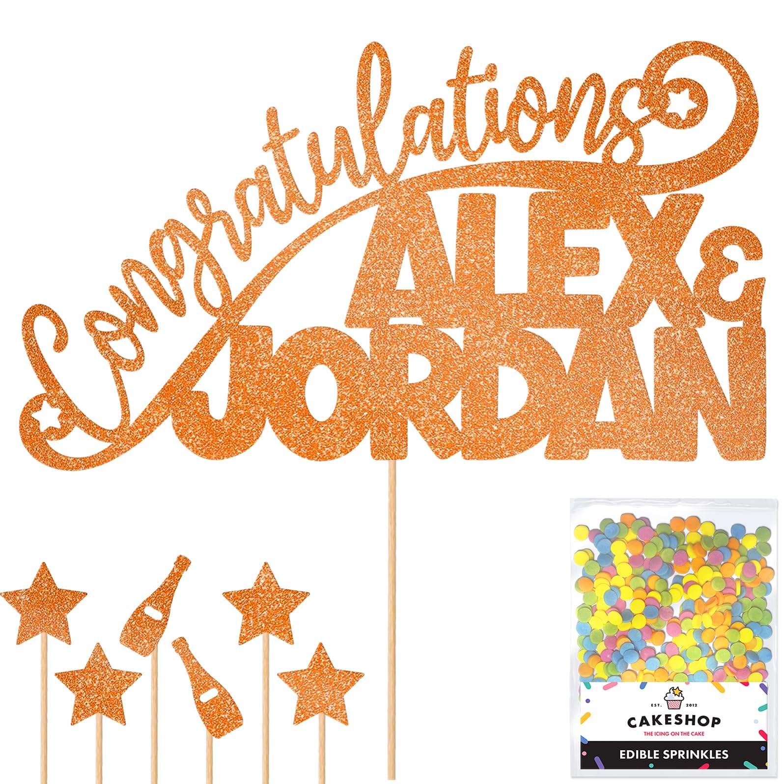 Personalised Congratulations Celebration Glitter Cake Topper - Copper Orange Any Name(s) Cake Decoration and Sprinkles - Any Occasion Party Decorations - Personalised Toppers for Cakes by Cakeshop