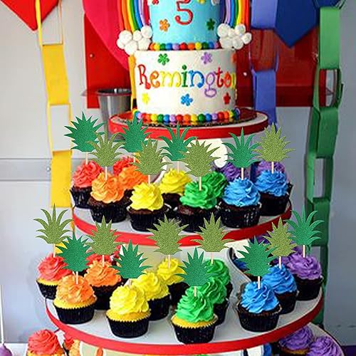 Miniatura 7 de 36 piezas de adornos para cupcakes de piña con purpurina verde mixta de dona y hojas de piña, selecciones hawaianas de Luau para tartas temáticas de