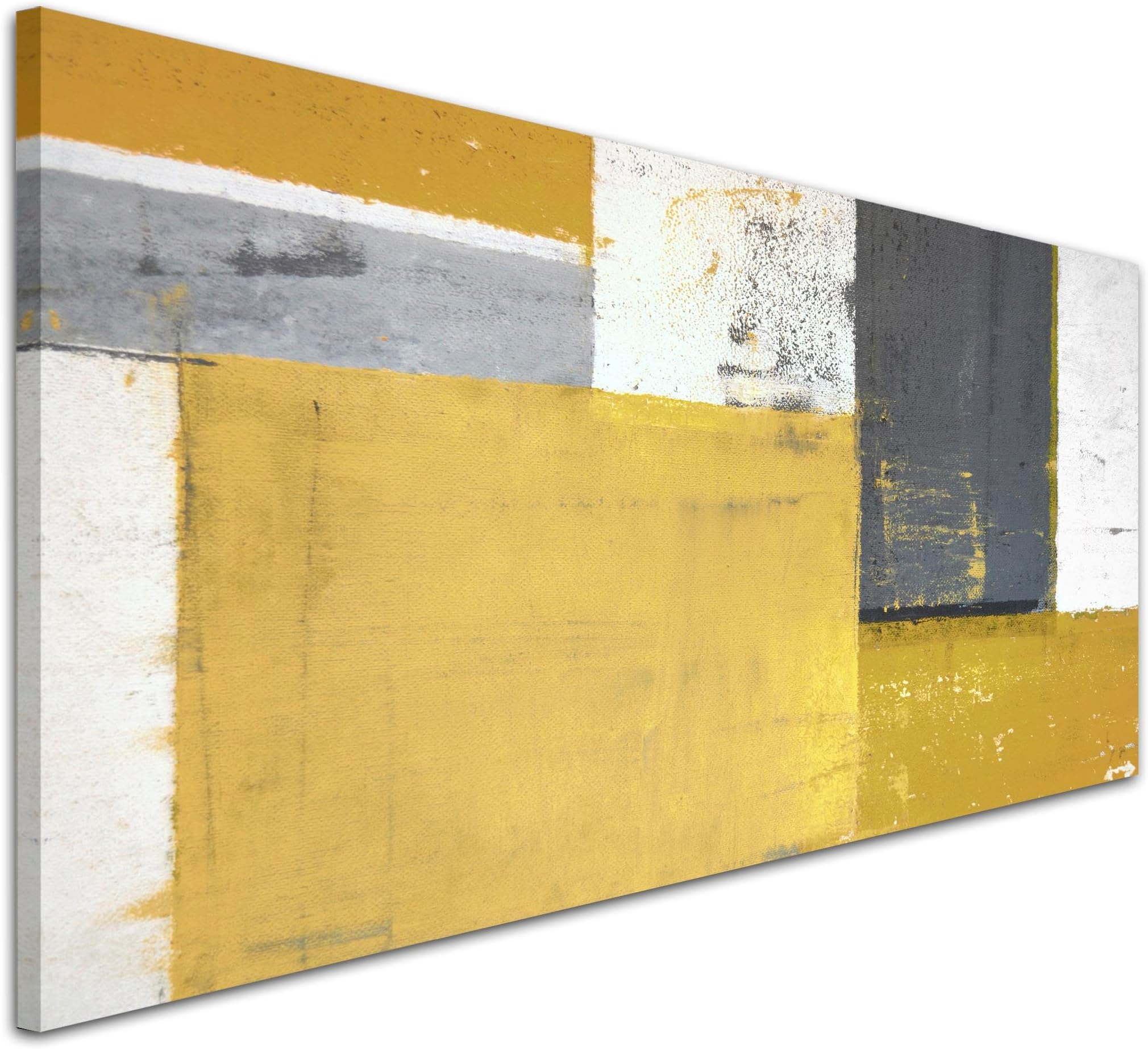Wallfillers Mustard Yellow Grey Abstract Painting Canvas Wall Art Print - 1340-118x49cm