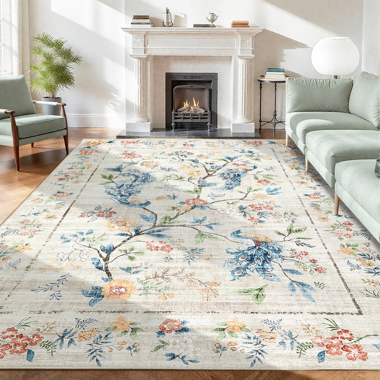 GarveeHome Beige Area Rugs 8x10 for Living Room, Floral Peacock Large Washable Rug Soft Non Slip Backing Floor Mat Carpet Indoor Thin Accent Rug for