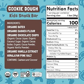 Skout Organic Cookie Dough Kids Snack Bars (18 Pack) | Organic Kids Snack Bars | School Snacks & Lunch Snacks | Vegan & Paleo | Gluten, Dairy, Grain, Peanut Free