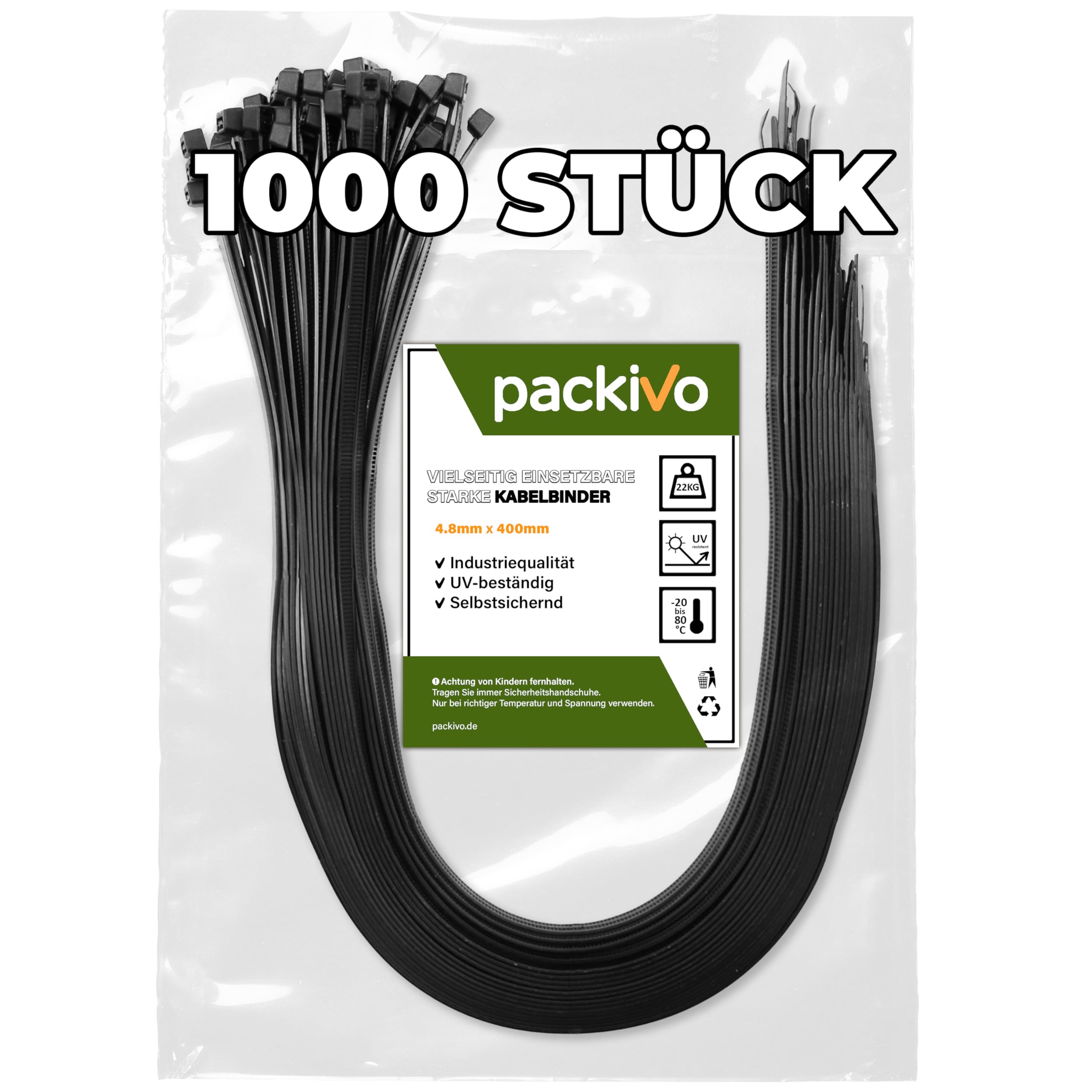 Fascette stringicavo nero 400 mm x 4,8 mm, 1000 fascette stringicavo resistenti ai raggi UV, lunghe fascette nere con 22 kg, resistenza alla trazione, possono essere utilizzate per interni ed
