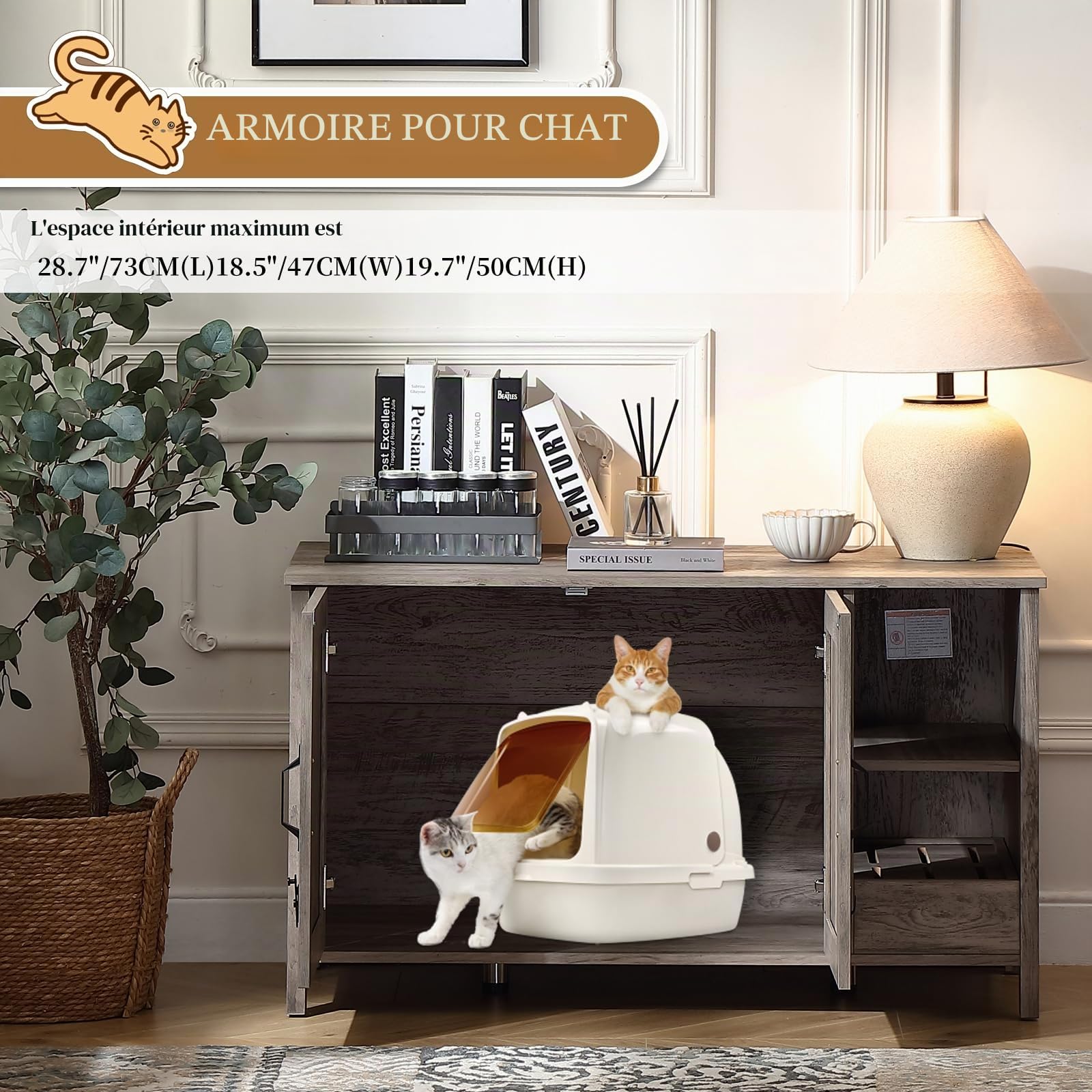 FOREST GRAVITY Cat Cabinet Armoire à Chat Litter Box Middle Cat Furniture Modern 105 * 50 * 60 cm Maison pour Chat avec Porte et cloison séparée Grey