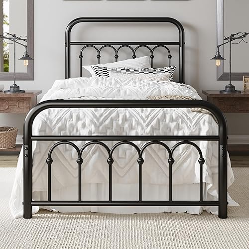 Miniatura 13 de Allewie Marco de cama de plataforma de metal tamaño Queen de 14 pulgadas con cabecero/pie de cama curvado de hierro forjado estilo victoriano, Negro