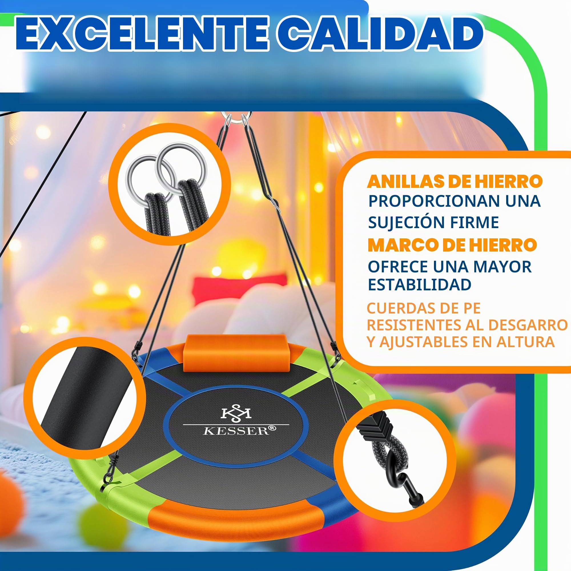 KESSER® Columpio nido, columpio redondo, diámetro de 100 cm, soporta hasta 300 kg, con cojín y 4 asas, ajustable, para interior y exterior, para niños y adultos, multicolor
