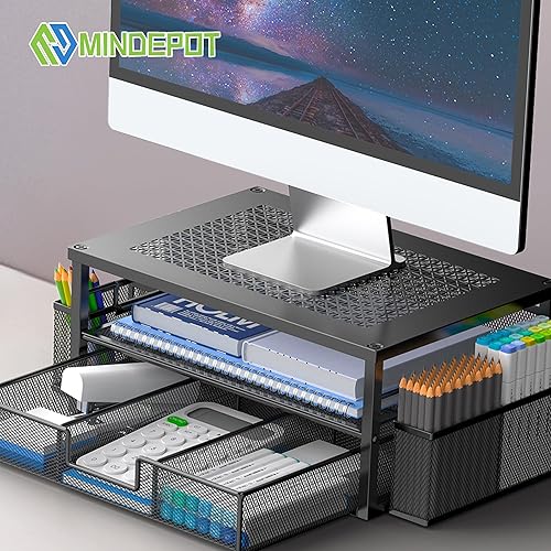 Miniatura 8 de Soportes para monitor de computadora de 2 niveles con cajón y 2 soportes para lápices, soporte de monitor de metal, accesorios de escritorio de