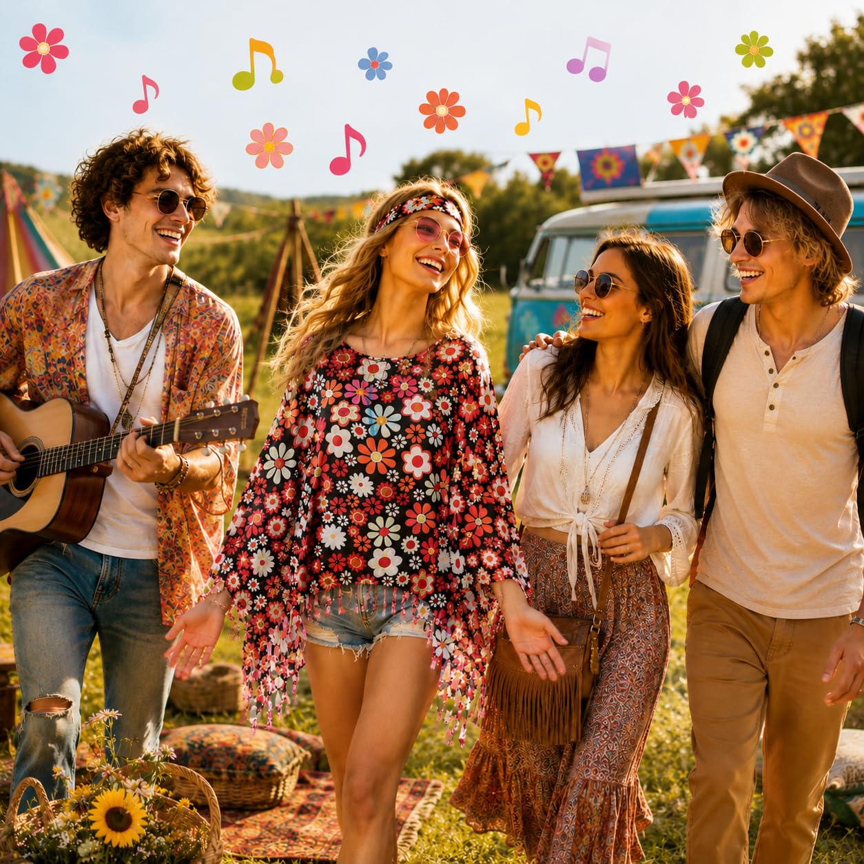 Disfraz Hippie Mujer, 9 Piezas Disfraz Años 70 Mujer, Disfraz Carnaval Mujer con Capa Hippie, Bolso Hombro Colorido, Disfraz Hippie Retro Discoteca Años 60 70 para Fiesta Carnaval