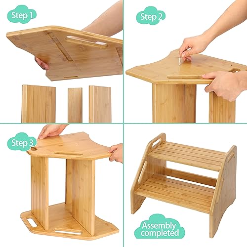 Miniatura 8 de AMBIRD Taburete de madera, taburetes de dos escalones para niños pequeños, capacidad de 300 libras con almohadillas y asas antideslizantes de