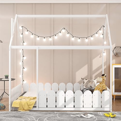 Miniatura 3 de Harper & Bright Designs Cama de casa para niños, cama de tamaño matrimonial con techo y valla, marco de cama de madera para niños, adolescentes,