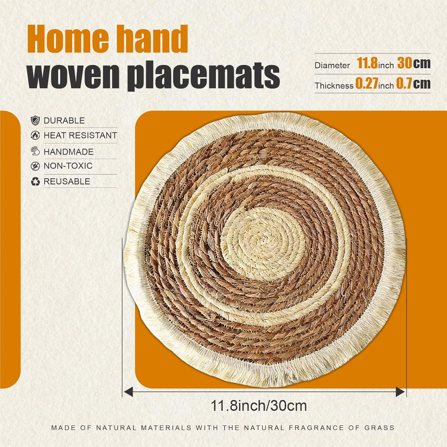 Handmade Boho Placemats Set of 6 - Natural Cotton Burlap and Water Straw Woven Combination Table Mats, Macrame Décor and Farmhouse Style Placemats, for Dining Table Kitchen