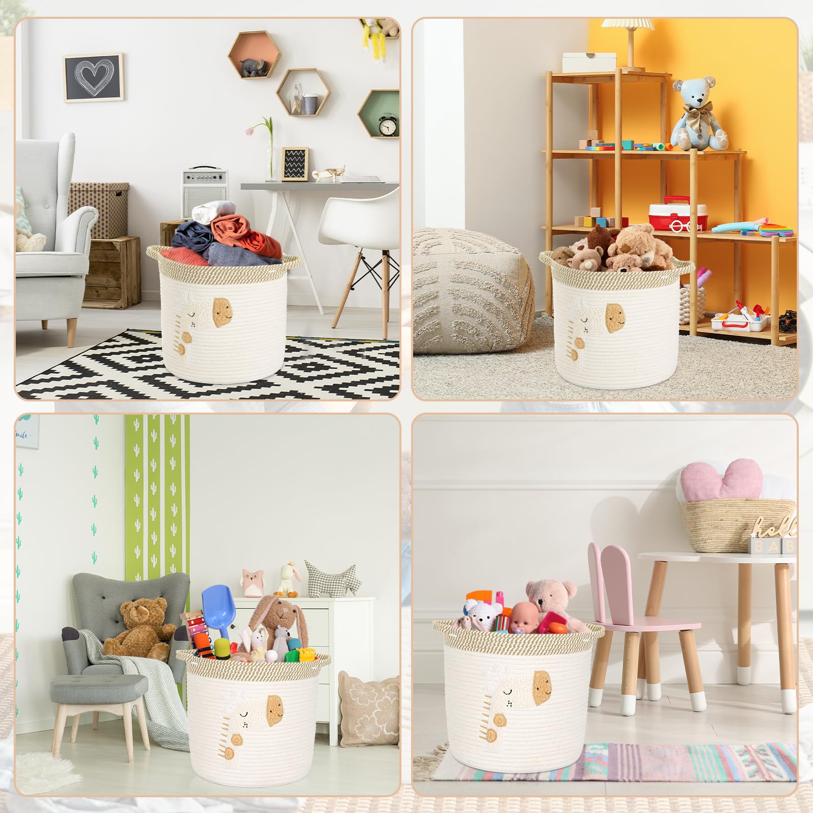 Grand Panier Rangement pour Jouets, Coton Panier Corbeille A Linge avec Poignées pour Couverture, Panier Corde de Coton Fabriqué, Girafes Beige 30x30cm