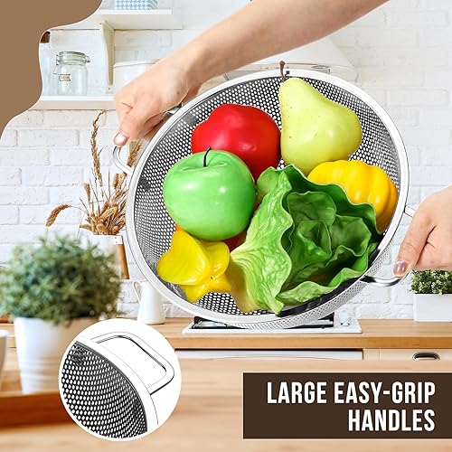 Miniatura 5 de Norme Colador plateado de acero inoxidable de 4 cuartos y 3 coladores de malla fina plateada, colador de metal para pasta, arroz y alimentos con
