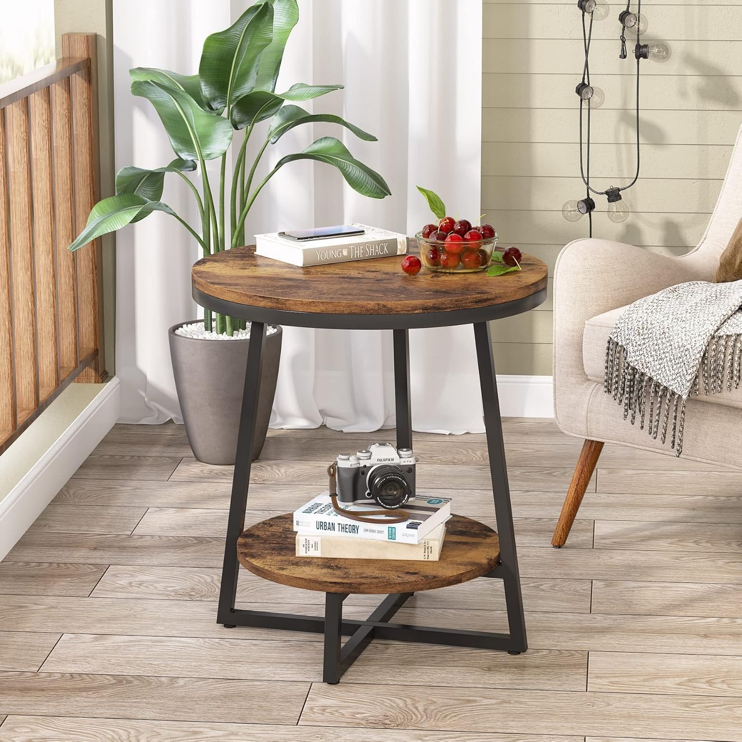 OGFC 36167 End Table, 2 Tier Round Side Table Accent Table for Living Room, Rustic Brown 4