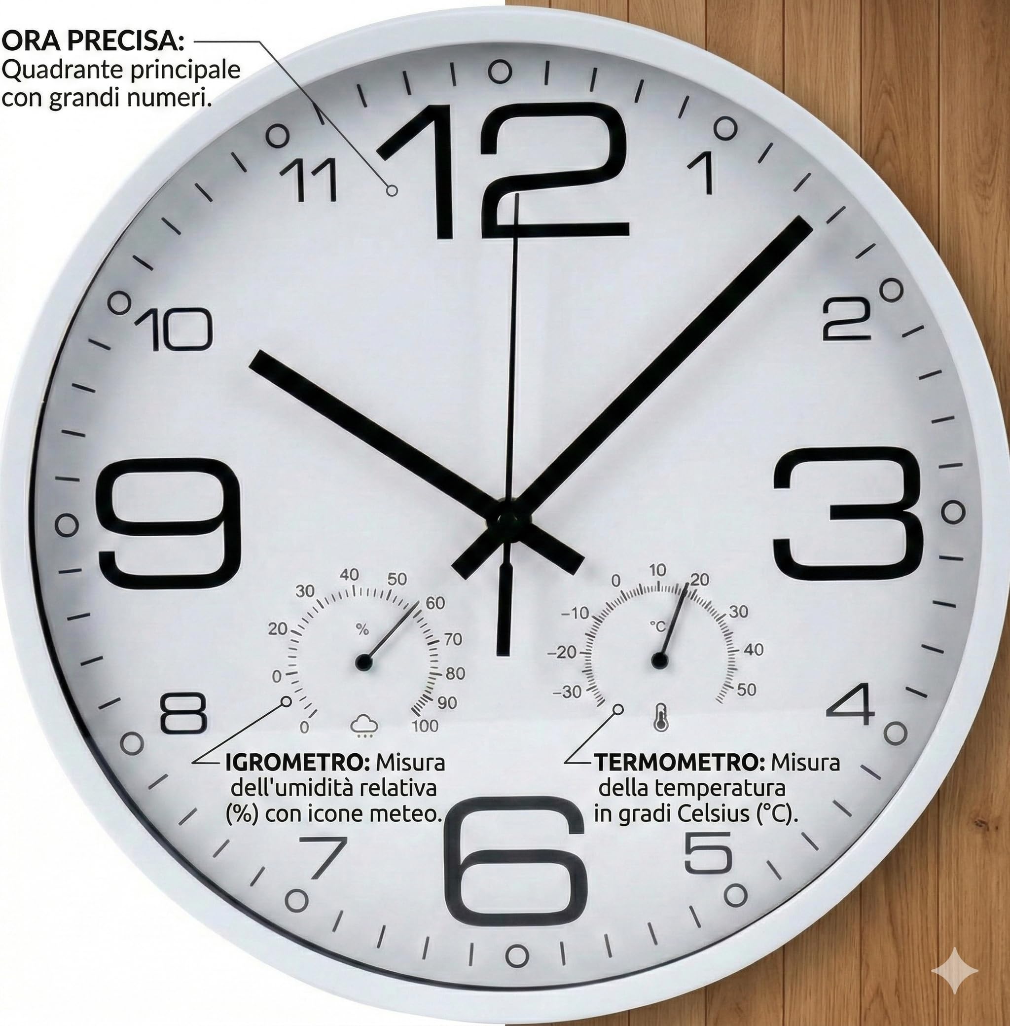 BERARDI | Orologio da Parete con Stazione Meteo, 30 cm, Termometro e Igrometro, Bianco