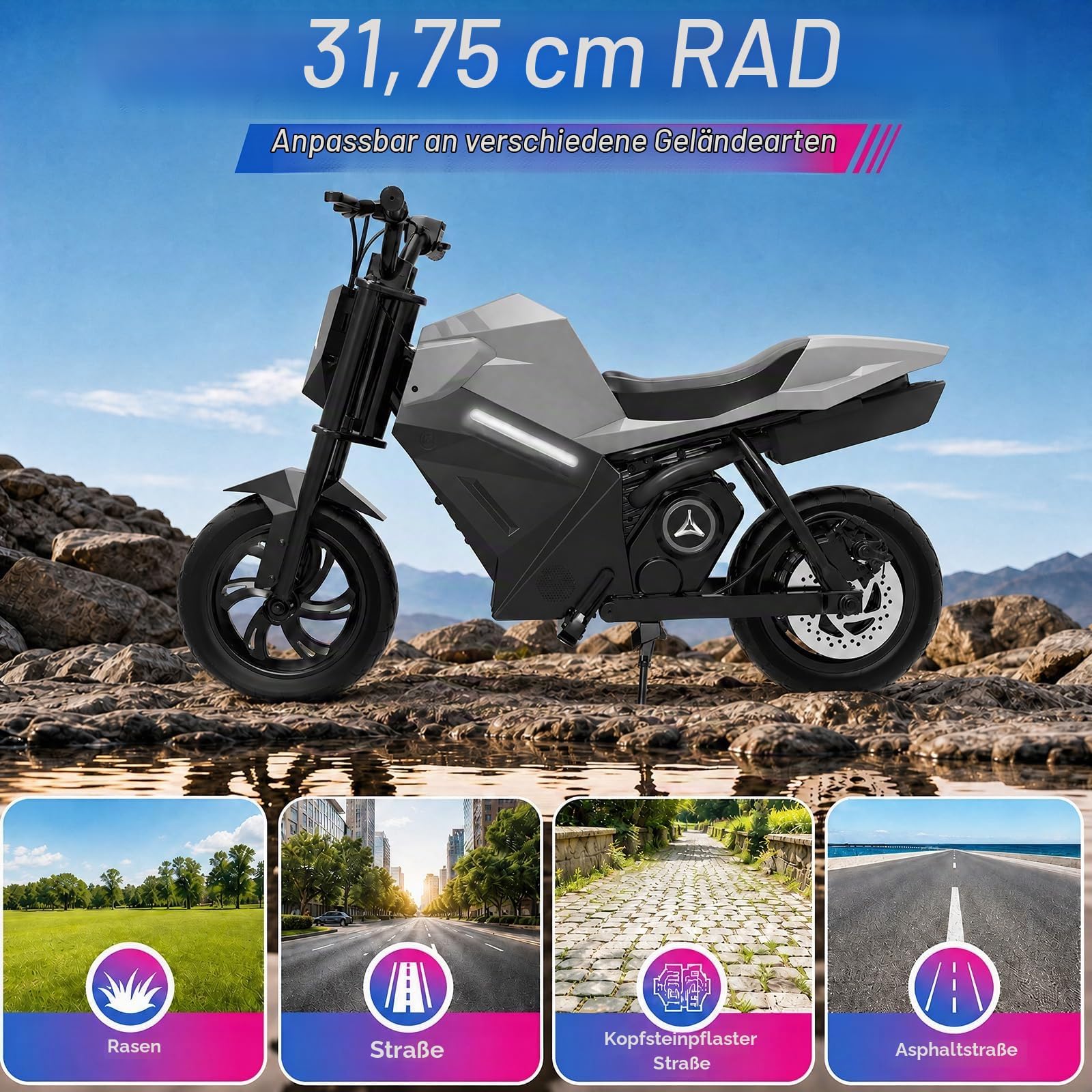 Moto elettrica per bambini, motore da 250 W, 21,6 V, 4 Ah (argento)