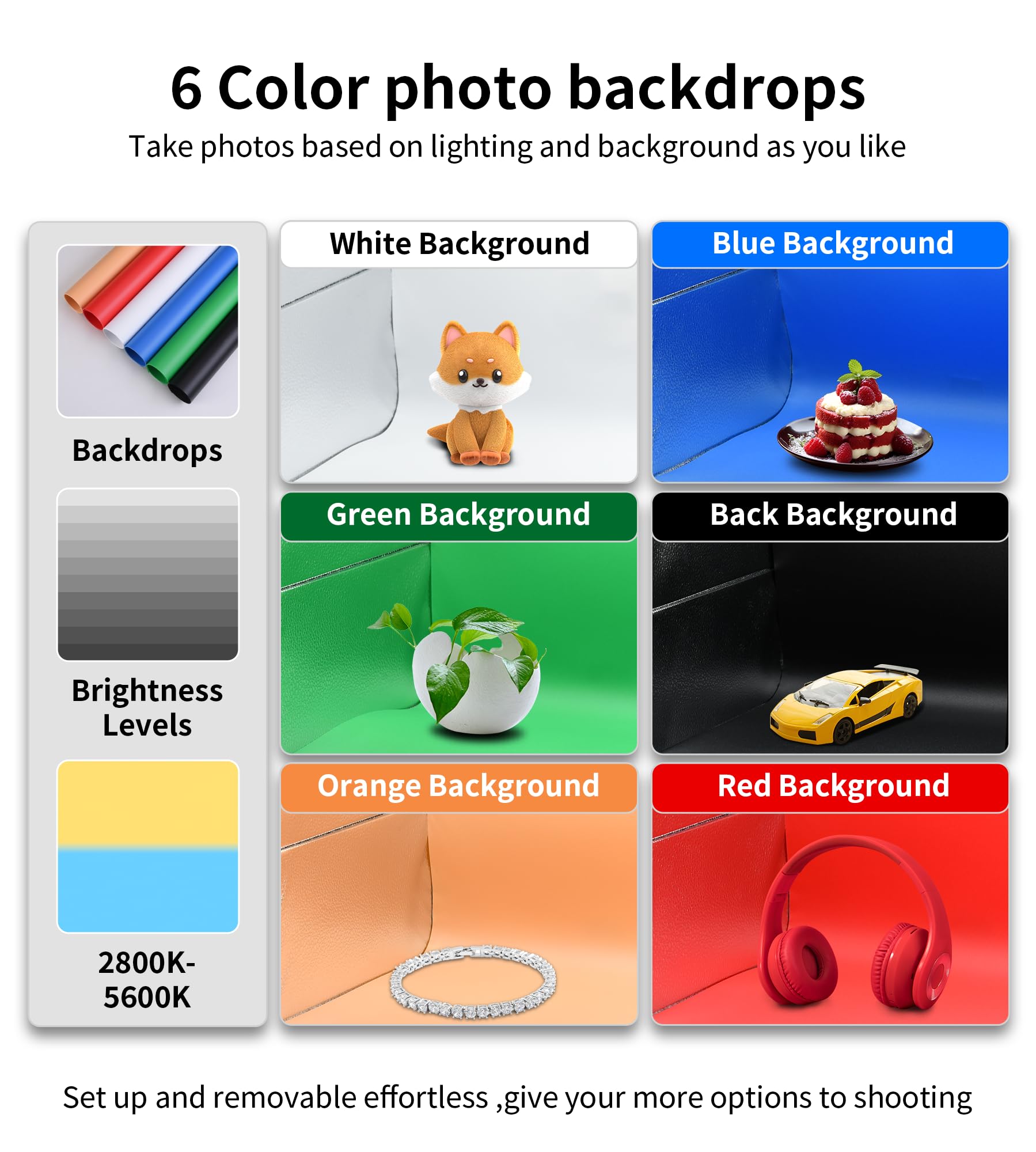 Studio Photo Box Portable 30x30 cm, Boîtes de Lumière Kit avec 120pcs LED Réglable & 6 Fonds pour Photographie de Produits