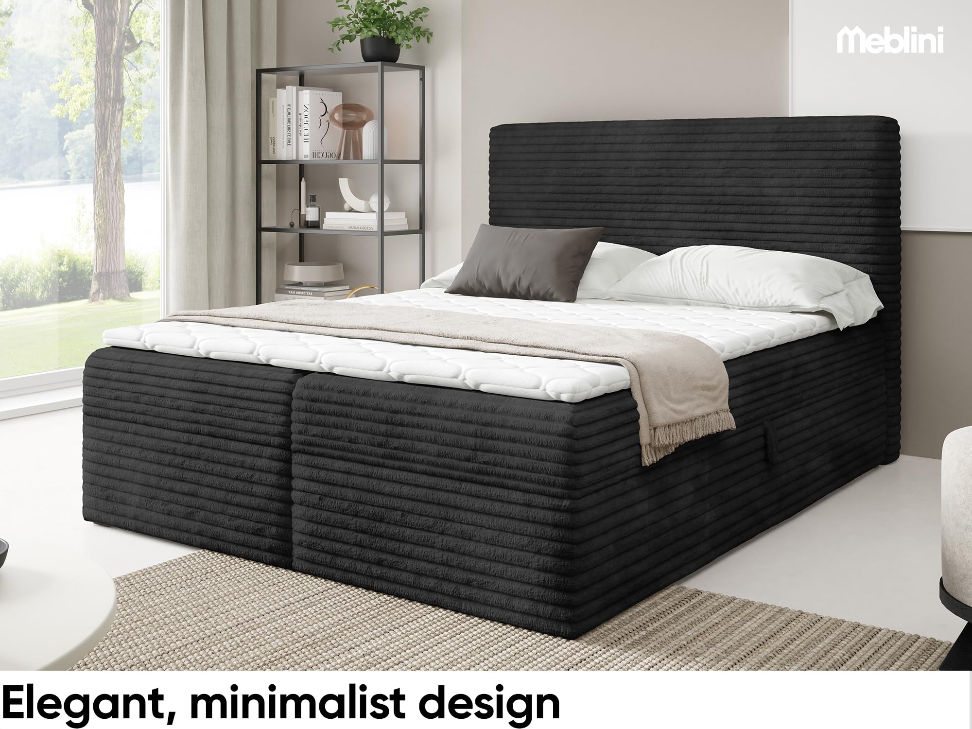 MEBLINI Boxspringbett mit Bettkasten - 120x200 - H3/Schwarz Cordstoff - Talia - Gepolstert Doppelbett mit Matratze und Topper - Polsterbett mit Stauraum - Bett mit Kopfteil - Stauraumbett