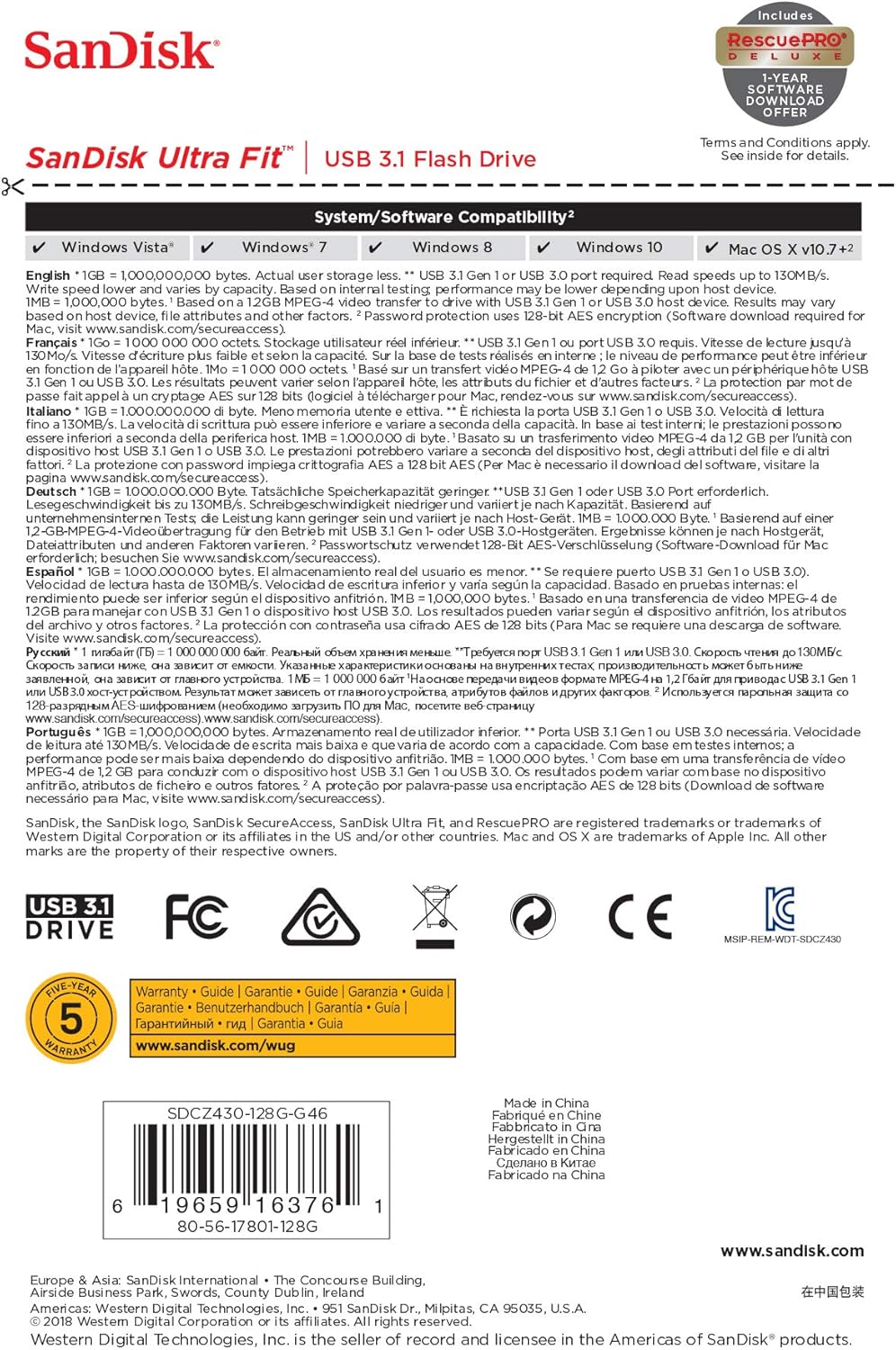 SanDisk Ultra Fit 128GB USB 3.0 Flash Drive - SDCZ43-128G-GAM46