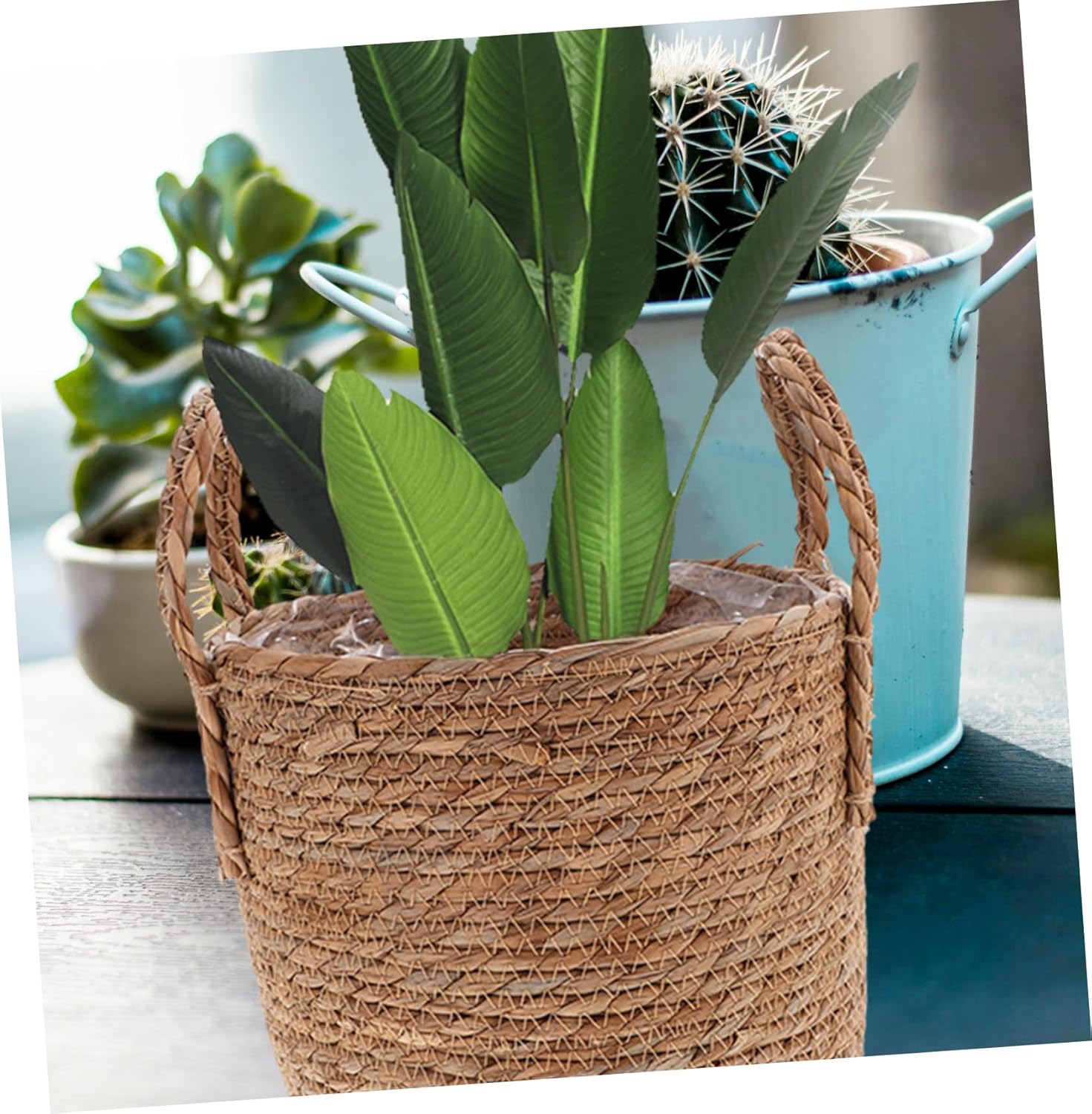 PartyKindom 25cm Straw Flowerpot Vintage Planter Fiber Plant Holder Woven Outdoor Planter Basket