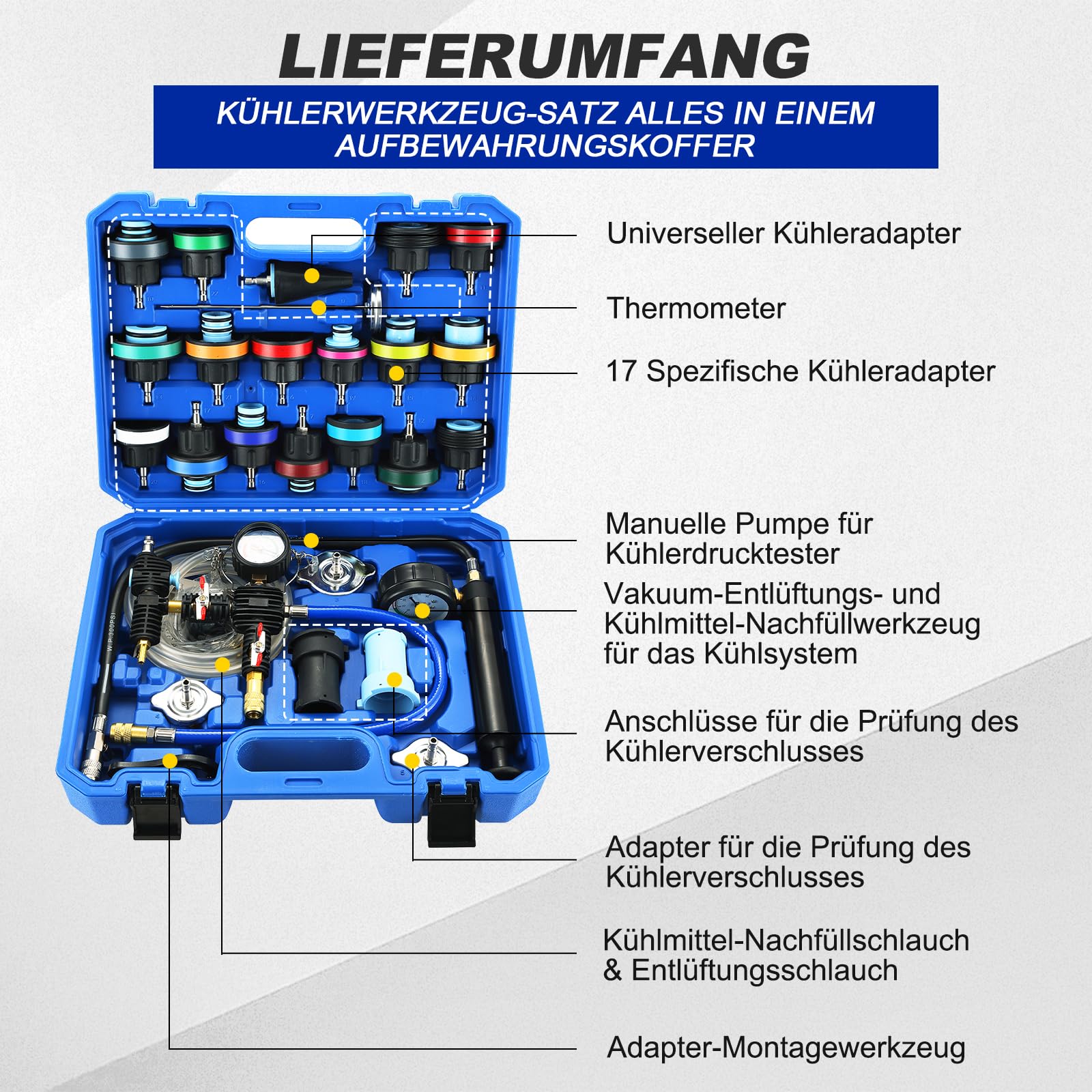 DASBET 28-teiliges Druckverlust-Prüfgerät und Vakuum-Kühlsystem-Befüllset, Universelles Kühlsystem-Lecktest-Werkzeug zur Prüfung von Kühler und Ausgleichsbehälter, geeignet für zahlreiche Fahrzeugmode