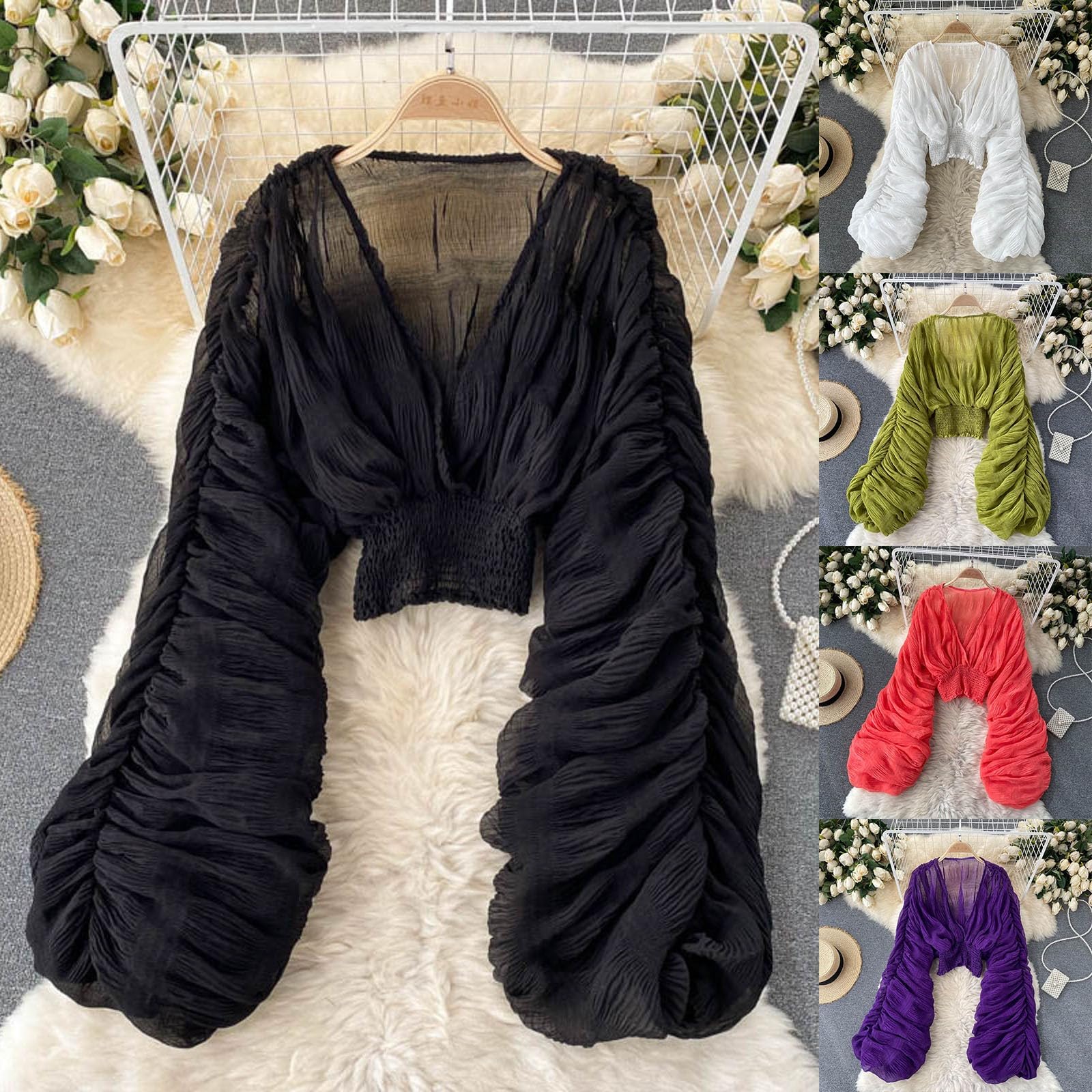 Top da donna in pizzo, a sbuffo, a maniche lunghe, con scollo a V, casual, sexy, con volant, a maniche lunghe, estivo, in pizzo, svasato, con bottoni, alla moda, arioso top in chiffon
