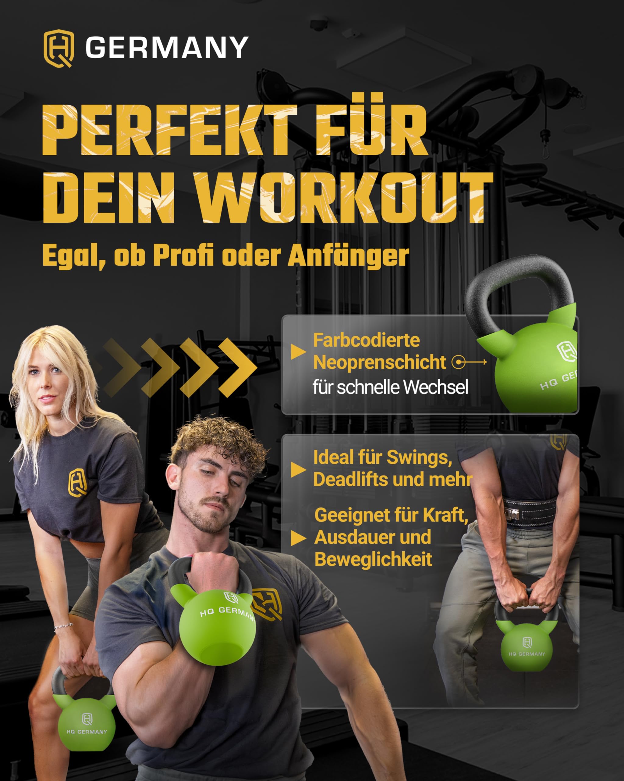 HQ Germany® Kettlebell Neopren [Bodenschutz] - Kugelhantel 2-32kg | Einteiliger Gusskern, pulverbeschichteter Griff, ±2% kalibriert, ergonomisch je Gewicht, Neoprenschicht