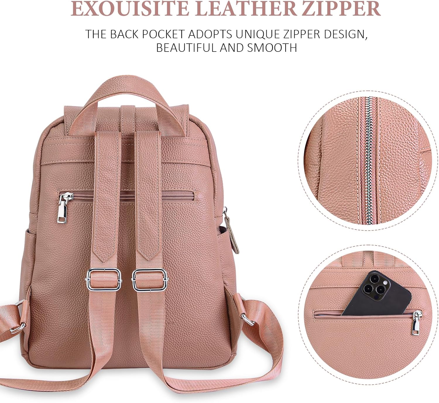 BOYATU Genuine Leather Backpack Purse for Women: Fashion Soft BackPacks Bag - Anti theft Travel Shoulder Handbag (Pink) - Image 5