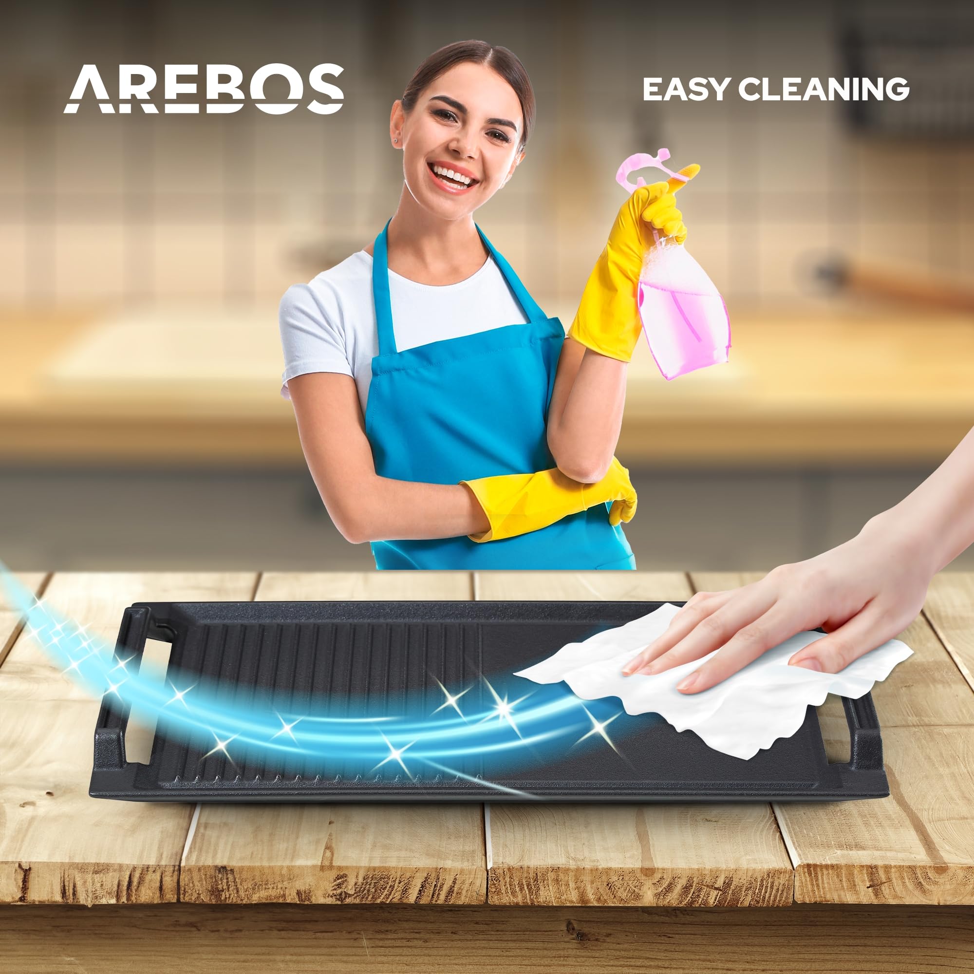 Arebos Piastra per cottura a induzione, 43,6 x 22,9 cm, in ghisa appositamente progettata per piani cottura a induzione, con base antiaderente, antigraffio, semi-rigata e semi-liscia