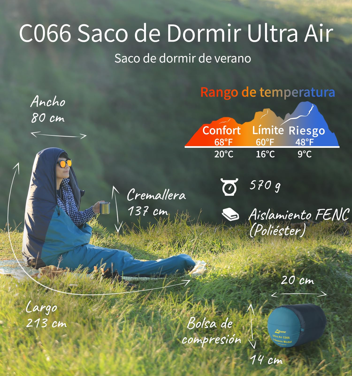 Saco de Dormir Ligero para Adultos, 570g 9-20°C Saco de Dormir para mochileros de Verano, Saco de Dormir Aislante Plegable Compacto