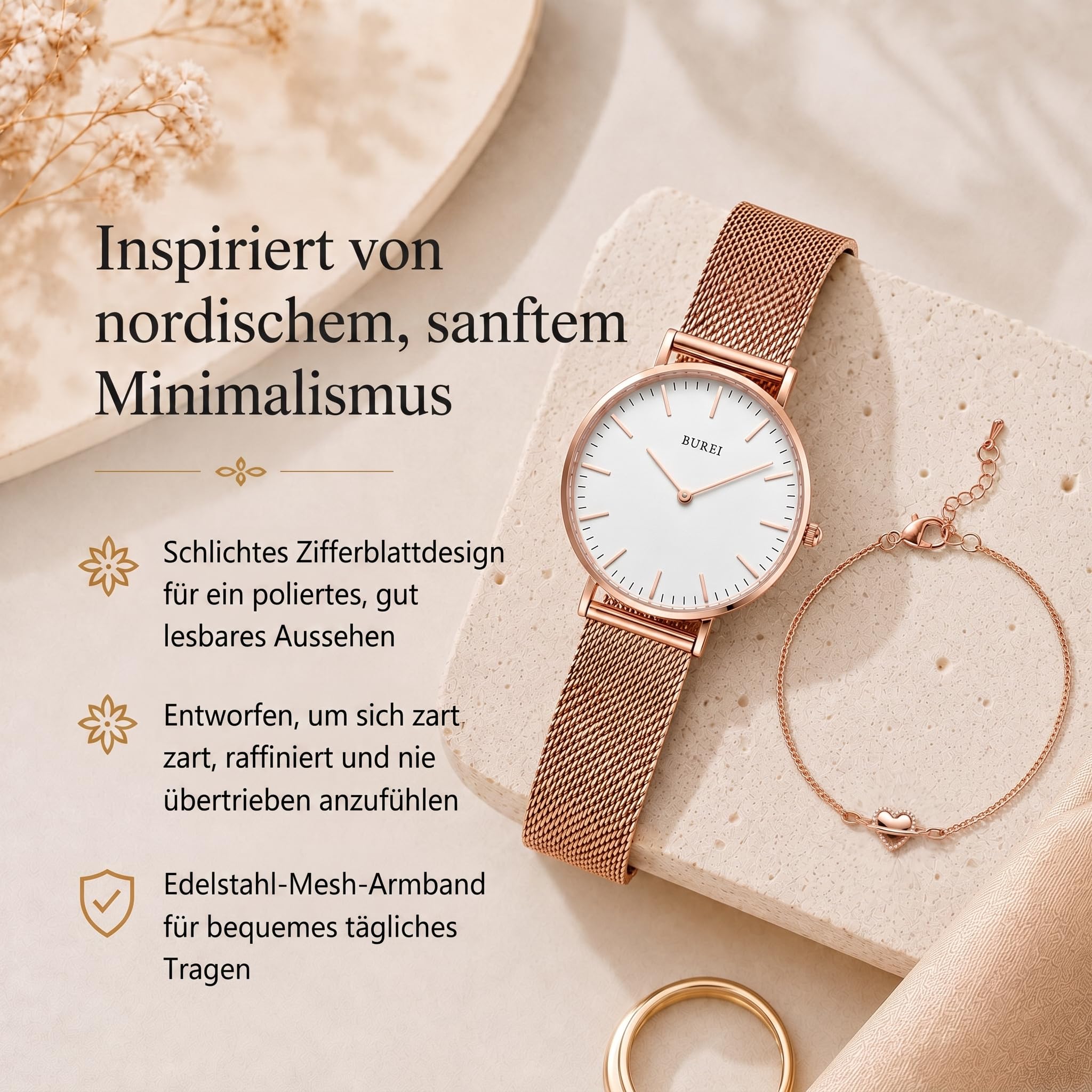 BUREI Montre Ultra Fine Demen Minimaliste Demen Montre analogique à Quartz Japonais avec Bracelet en Maille en Acier Inoxydable Cadeau pour Femme