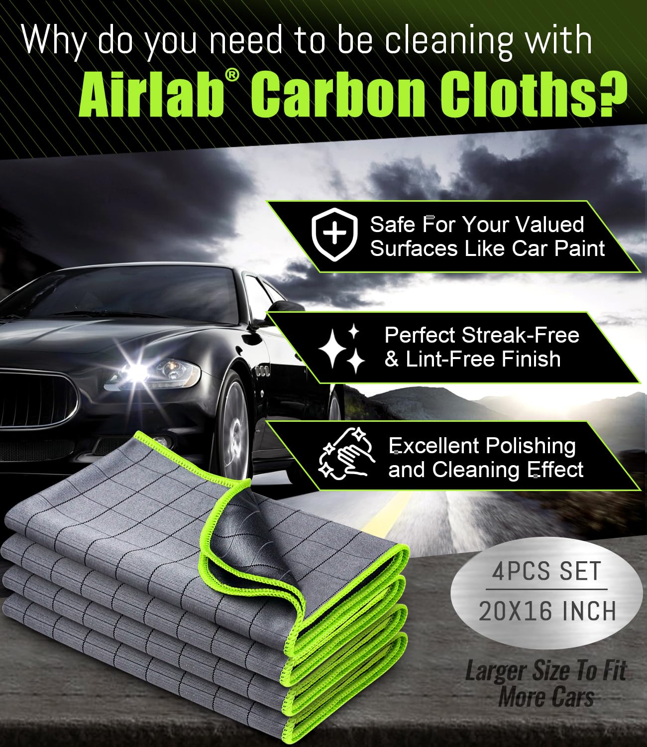 Airlab Carbon Microfiber Towels for Car Drying Window Glass Cleaner Magic Cleaning Cloth Auto Detailing Car Wipes Lint — view 2