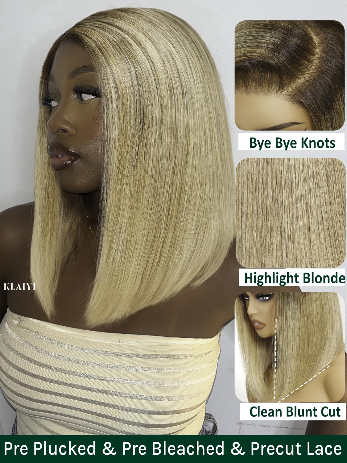 KLAIYI Bye Bye Knots Glueless Wig Blonde with Brown Roots Bob Straight Precut 7x5Lace Front Human Hair Wigs Pre Plucked Pre Bleached Blunt Cut Ombre Highlight Side Part Wig Ready to Wear and Go 10Inch